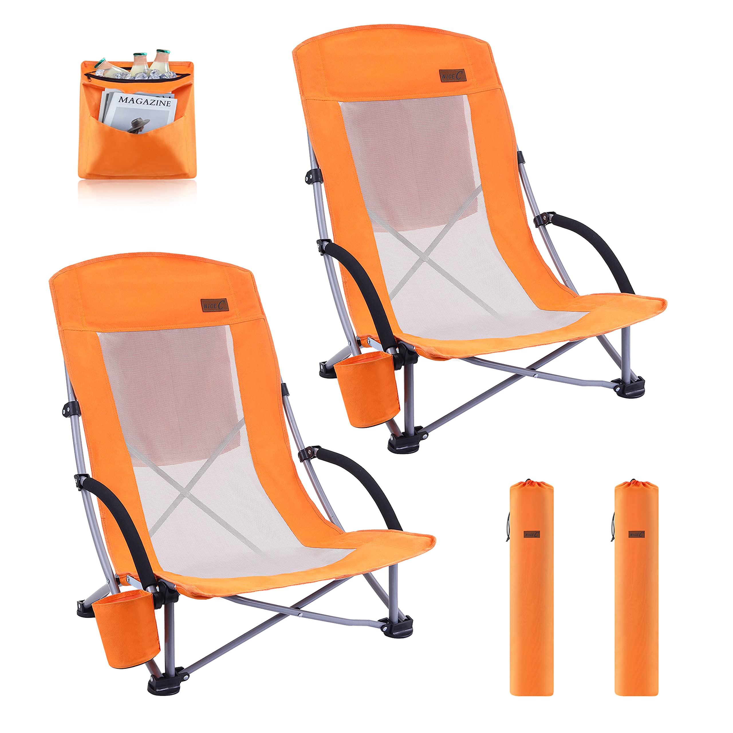Premium 2-Pack High Back Beach Chairs for Adults with Cooler, Cup Holder & Carry Bag - Heavy Duty Portable Folding Chairs for Outdoor, Camping, BBQ, Travel, Picnic, Festival (Orange) - Perfect for Beach Relaxation, Backyard Lounging & Summer Adventures