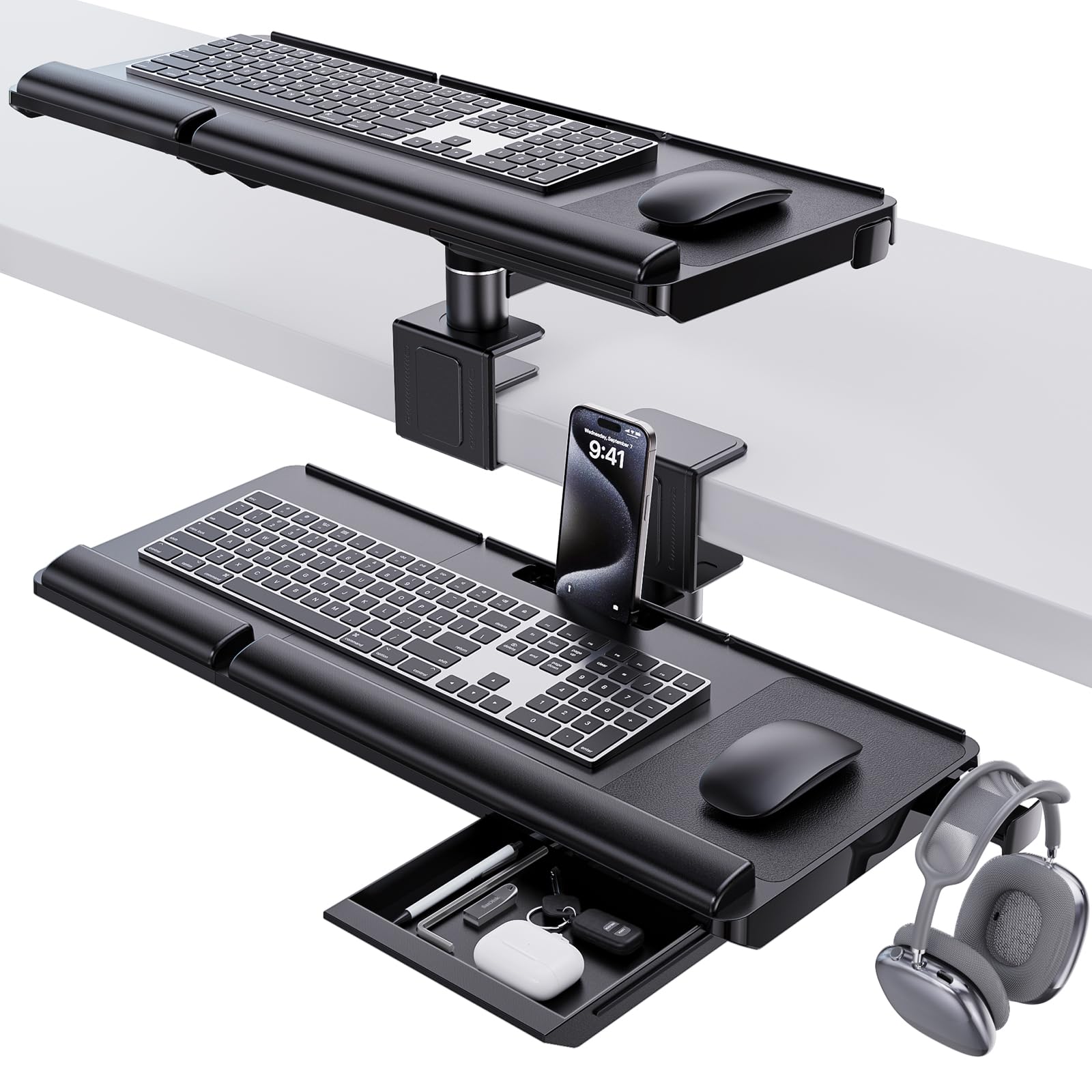 Klearlook Adjustable Ergonomic Keyboard Tray for Under Desk or Above Desk - 360° Rotating Sit Stand Keyboard Riser with Wrist Rest & Storage Drawer (24.4