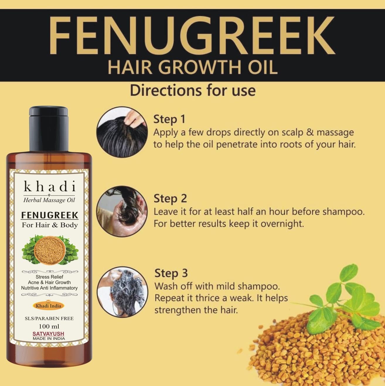 Satvayush Khadi Fenugreek (Methi) Ayurvedic Massage Oil - 100% Natural Herbal Oil for Hair Growth & Body Care | Promotes Healthy Scalp & Skin Hydration | Perfect for Daily Ayurvedic Massage & Hair Treatment