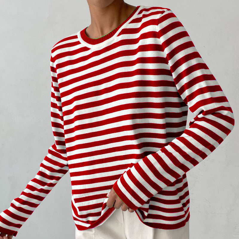 Women's Striped Knit Sweater - Round Neck Long Sleeve Pullover for Fall & Winter | Cozy Casual Wear, Office Outfits & Holiday Fashion