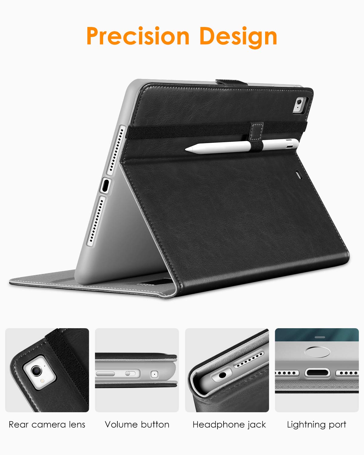Premium Leather iPad 9.7 Inch Case (5th/6th Gen 2018/2017) with Apple Pencil Holder & Folio Stand - Compatible with iPad Pro 9.7/Air 2/Air - Black - Perfect for Work, Study & Travel Protection