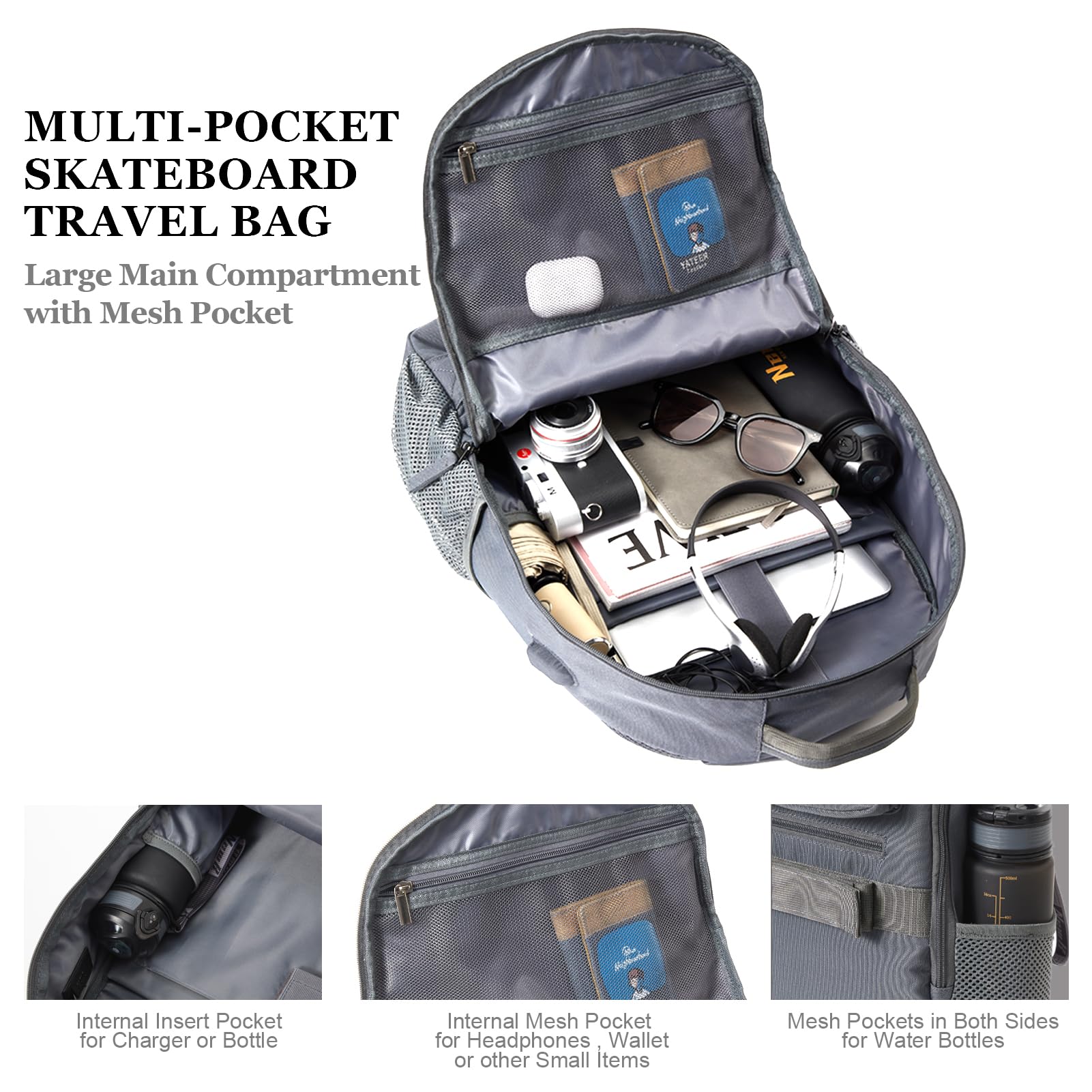 **Best Skateboard Backpack for Men & Women - Large Durable Laptop Bag with USB Charging Port - Perfect for Skateboarding, College, Travel & Daily Commute (Grey)**