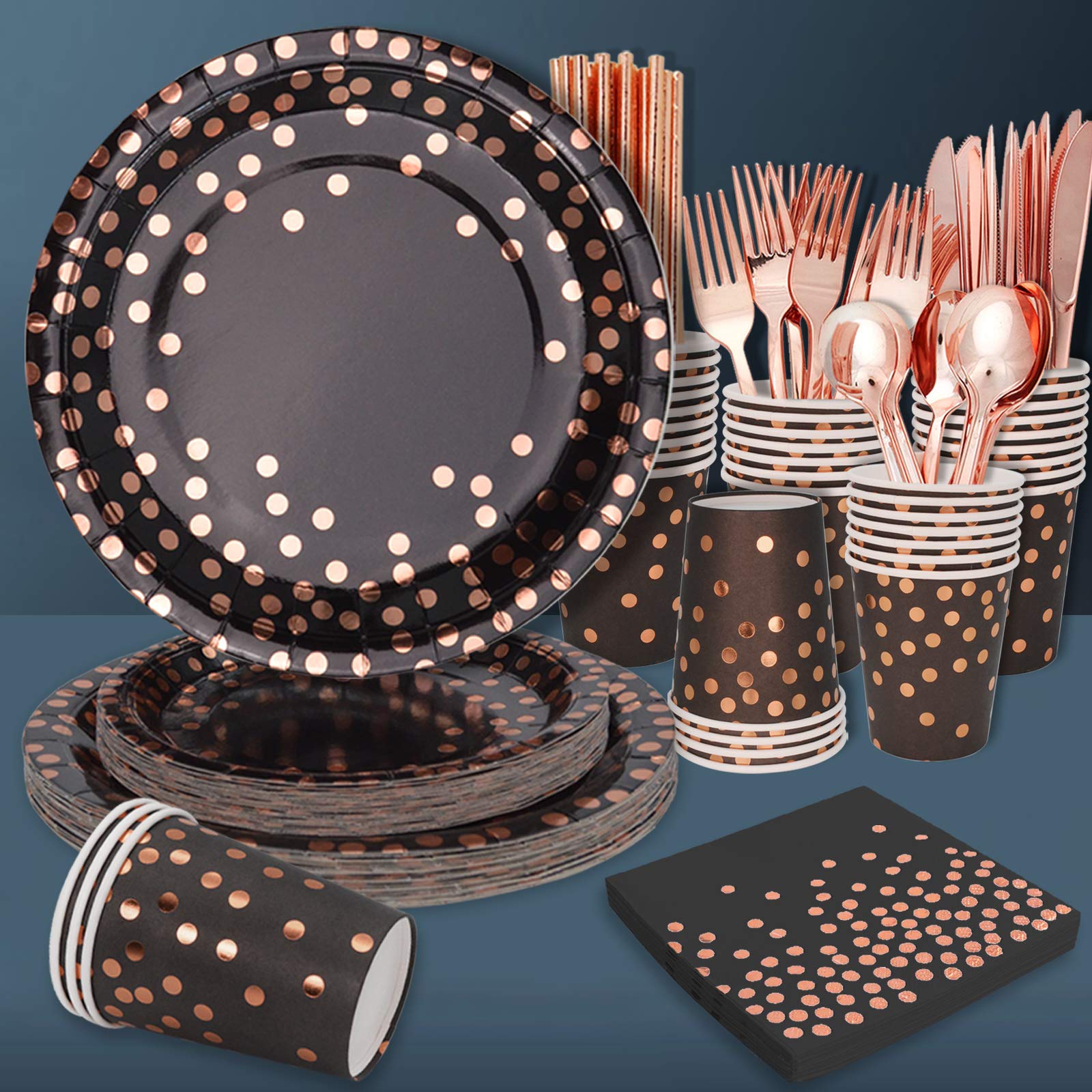 FENRUI 200-Piece Rose Gold & Black Party Dinnerware Set - Includes 25x9