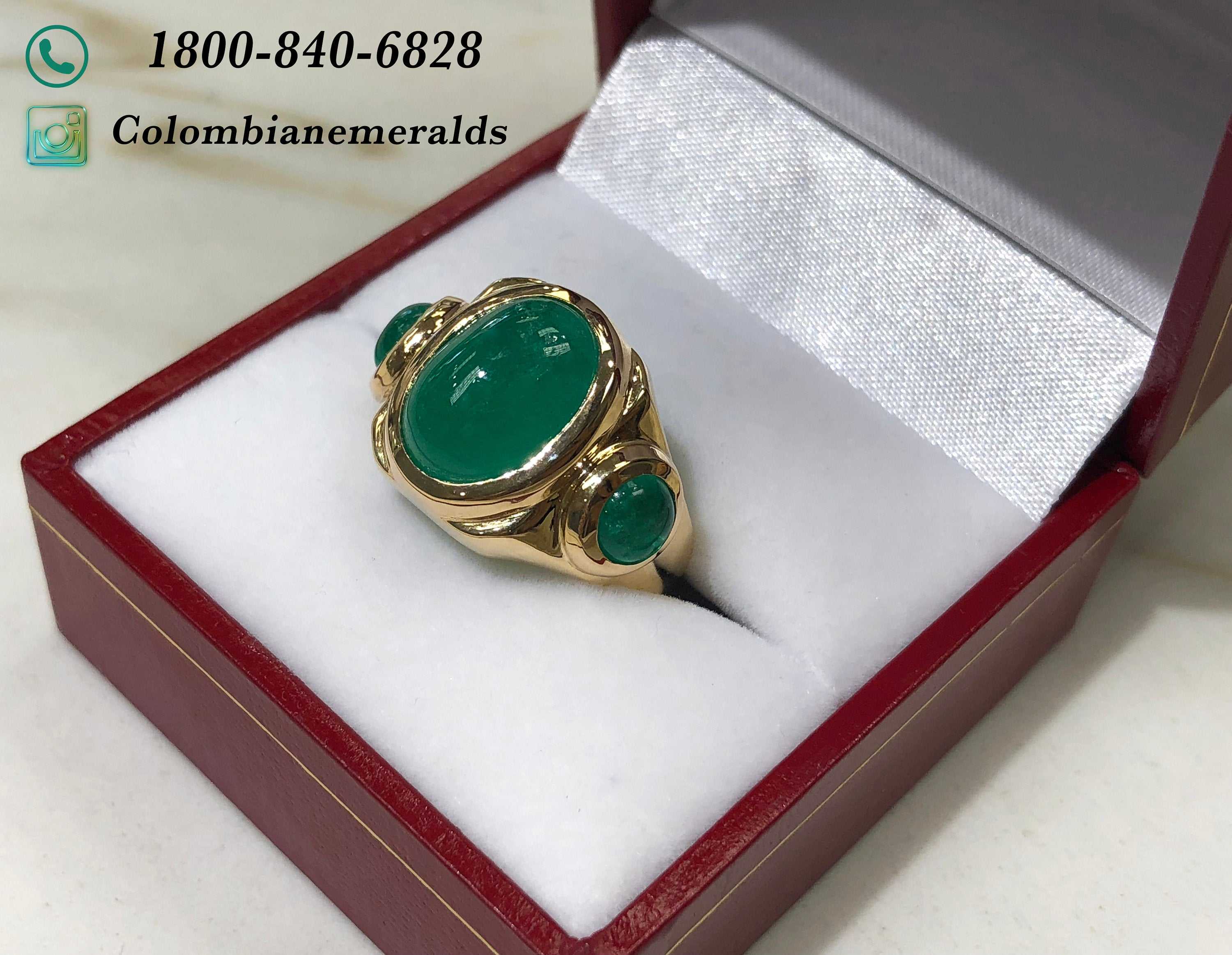 10.35tcw Three Stone Colombian Emerald Cabochon Men's Ring in 14K Gold - Perfect for Weddings, Anniversaries & Luxury Gifts