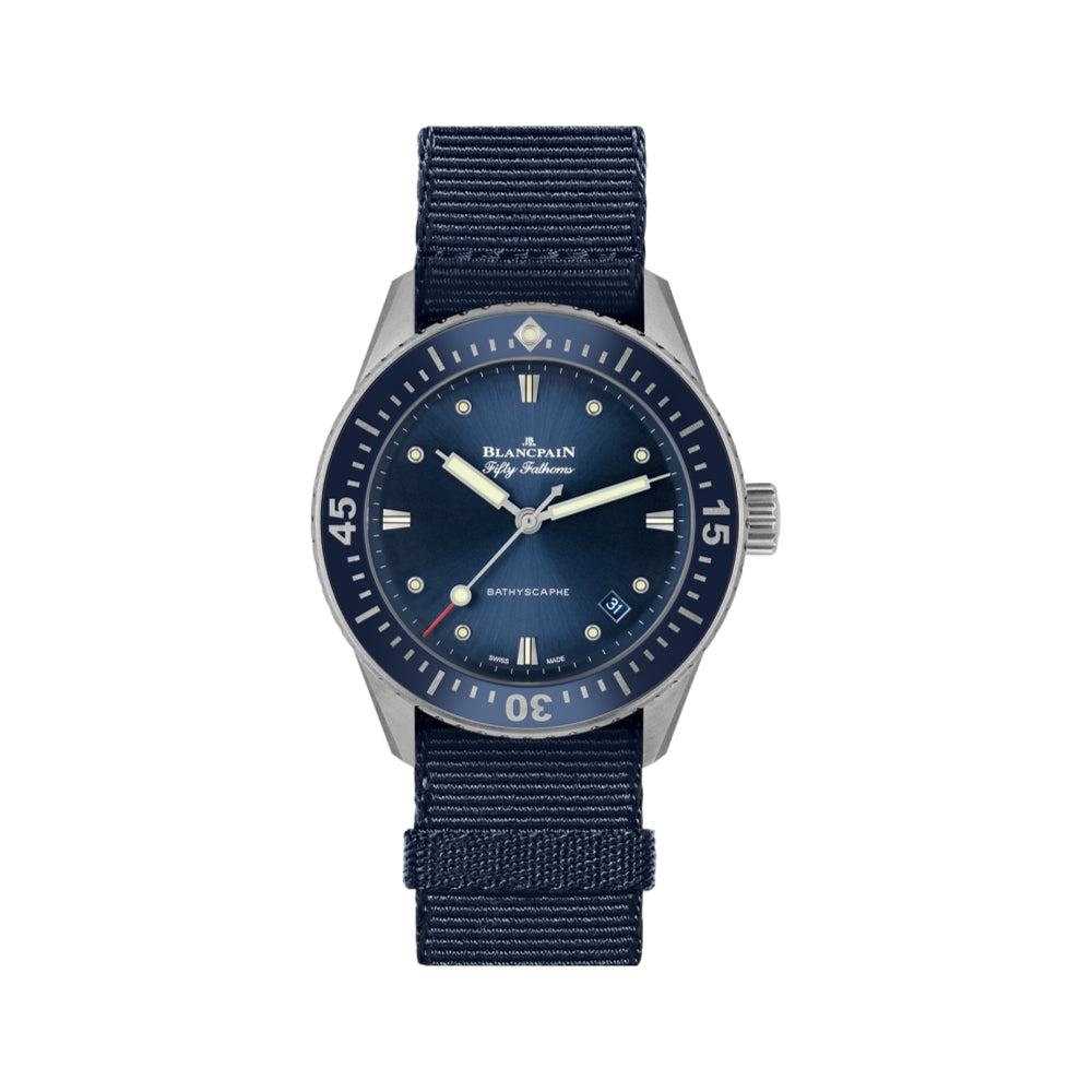 Fifty Fathoms Bathyscaphe 38mm Blue Dial Men's Watch with Nylon Strap - Luxury Diving Timepiece for Professional Divers & Water Sports Enthusiasts