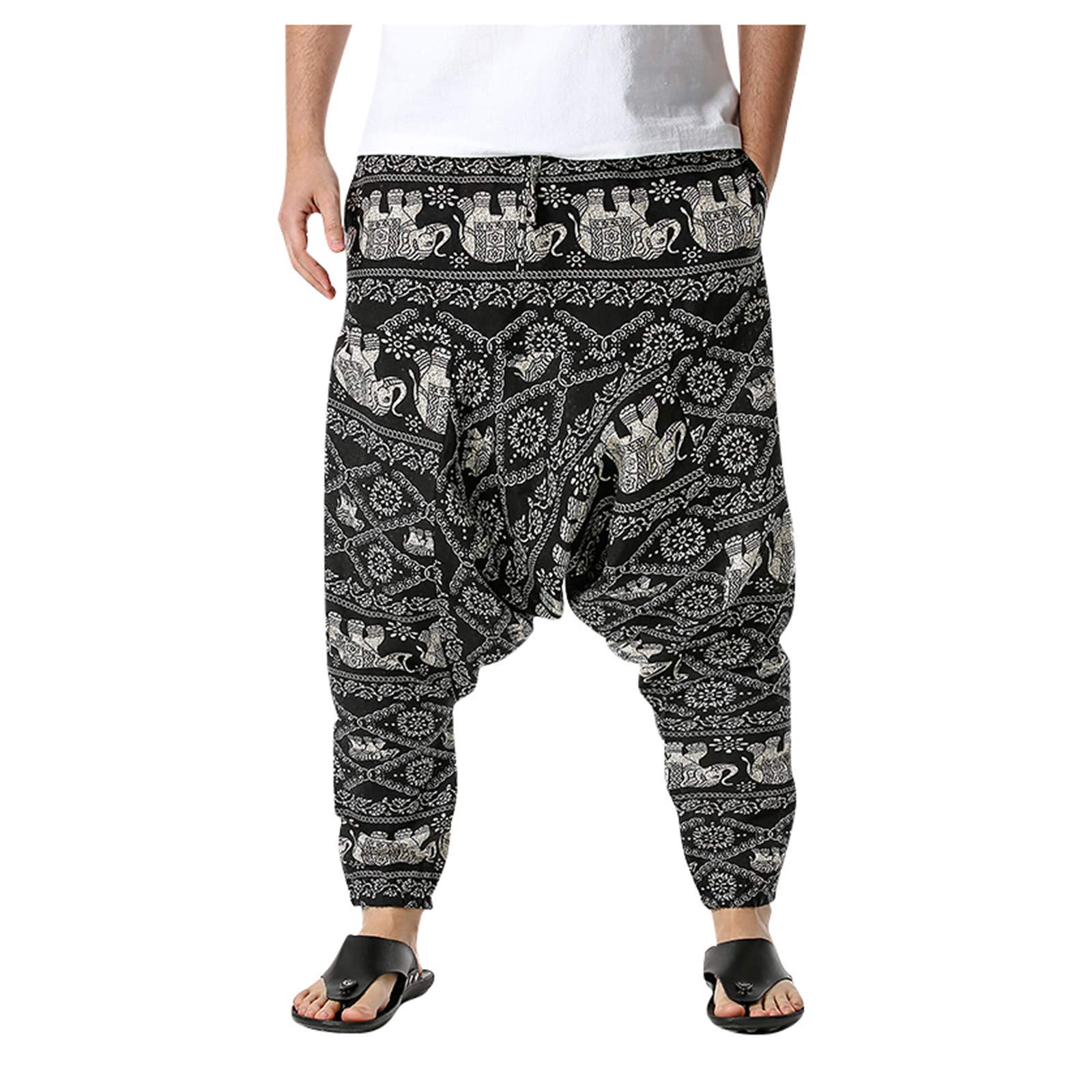 Men's Loose Fit Cotton-Linen Elastic Waist Casual Pants - Lightweight & Comfortable for Home, Lounge & Outdoor Activities