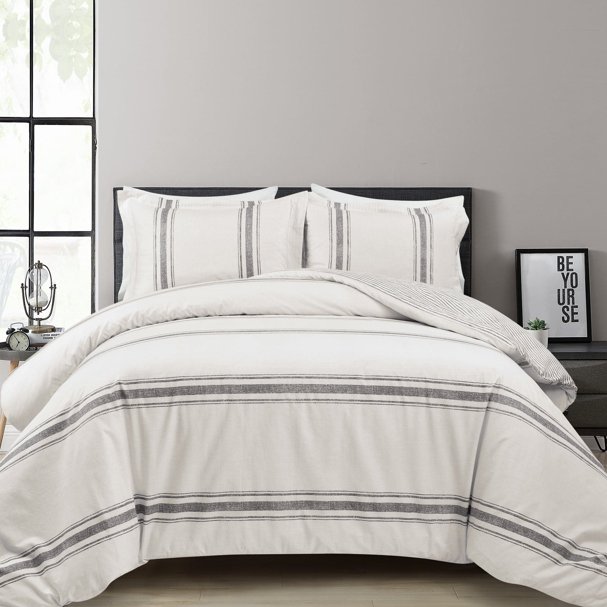 Farmhouse Stripe 100% Cotton Duvet Cover Set - Soft & Breathable Bedding for Cozy Bedroom Decor - Perfect for Guest Rooms, Master Bedrooms & Vacation Homes