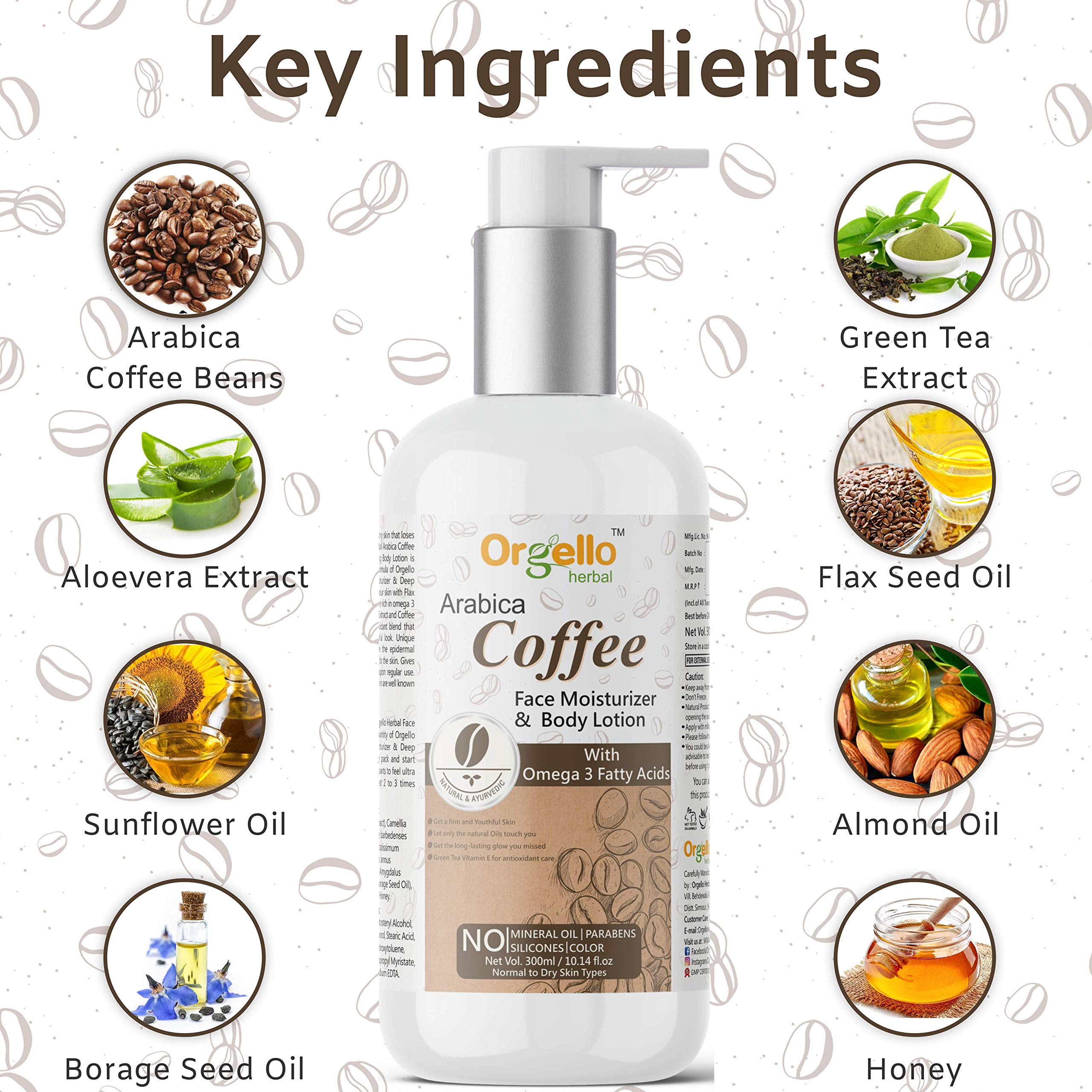Orgello Herbal Coffee Body Lotion for Men & Women - 300ml Moisturizing Cream for Dry to Normal Skin with Borage Seed Oil, Flaxseed Oil, Almond Oil & Sunflower Oil - Paraben-Free Face & Body Hydration - Perfect for Daily Skincare Routine & Post-Shave Soothing