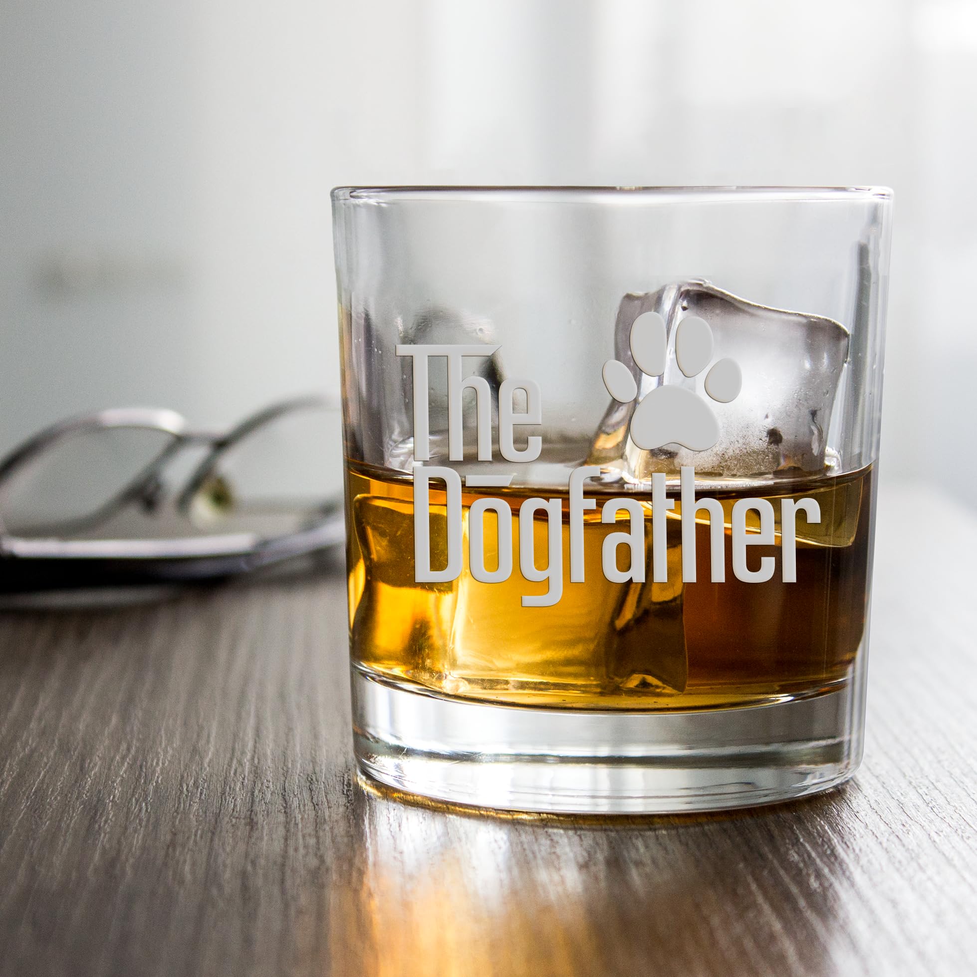 The Dogfather Whiskey Glass - Best Gift for Dog Dads & Pet Lovers - Engraved Round Rocks Glass for Bourbon, Scotch, Cocktails - Perfect for Father's Day, Birthday & Dog-Themed Parties