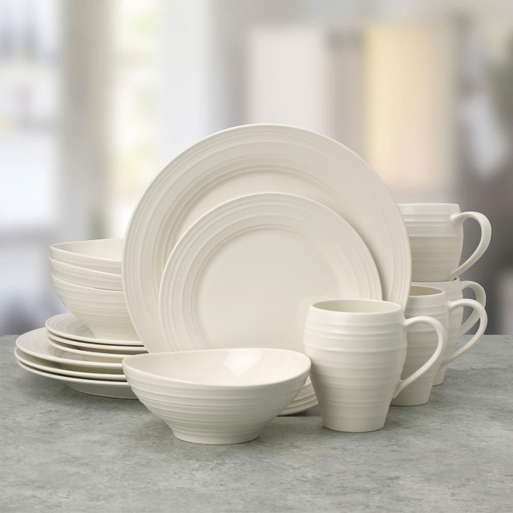 16-Piece Swirl White Dinnerware Set - Service for 4, Elegant Porcelain Plates, Bowls & Mugs - Perfect for Family Dinners, Entertaining Guests & Restaurant-Style Dining