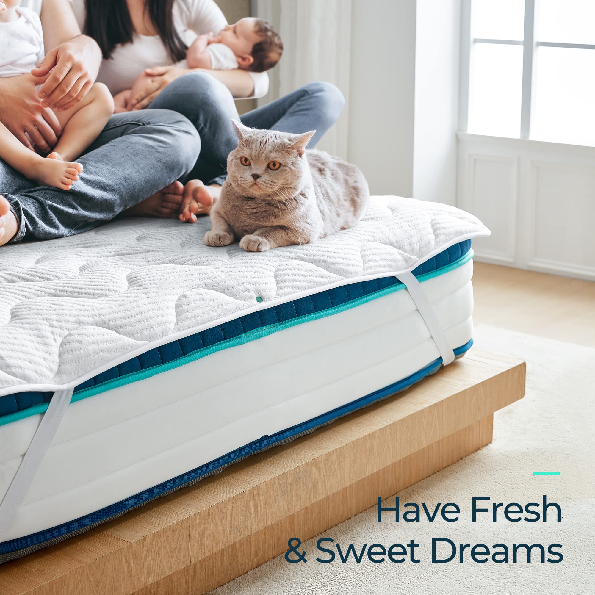LINSY LIVING Full Size Waterproof Mattress Protector - Breathable Quilted Mattress Pad with Elastic Straps & Buttons, Tencel Cover & Spiral Fibers - Perfect for Bedrooms, Guest Rooms & Dorm Rooms - White