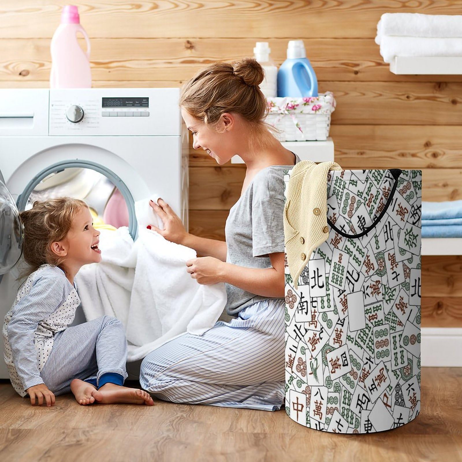 Collapsible Mahjong Tiles Laundry Hamper with Handle - Foldable Clothes Basket for Bedroom, Bathroom & Dorm | Perfect for Laundry Storage & Organization