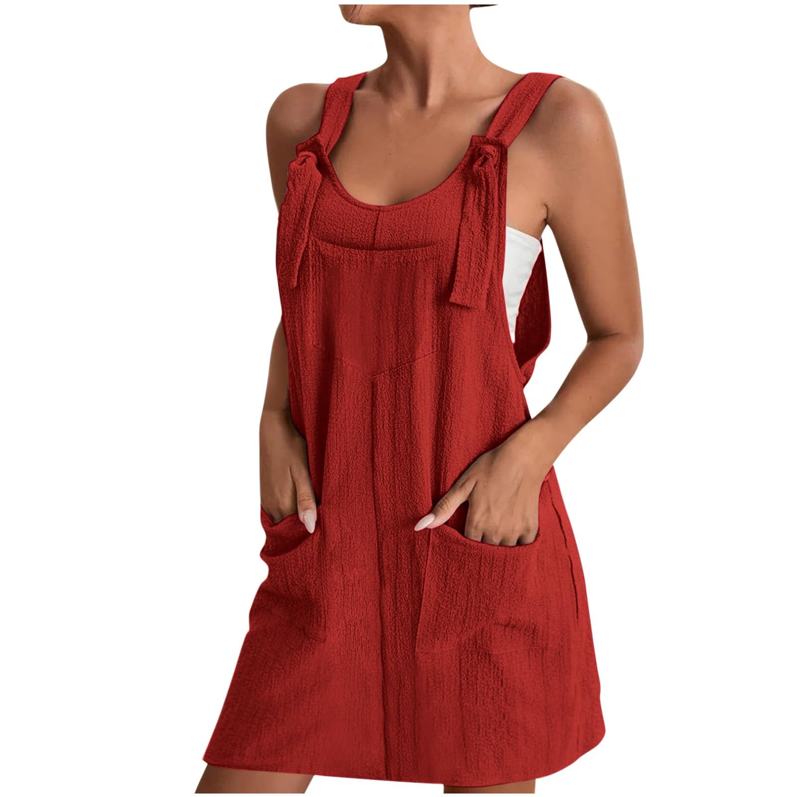 Binmer Women's Casual Mini Dress with Adjustable Wide Straps - 2024 Summer Trendy Crewneck Bib Overall Dress with Pockets | Perfect for Beach, Vacation, and Everyday Wear