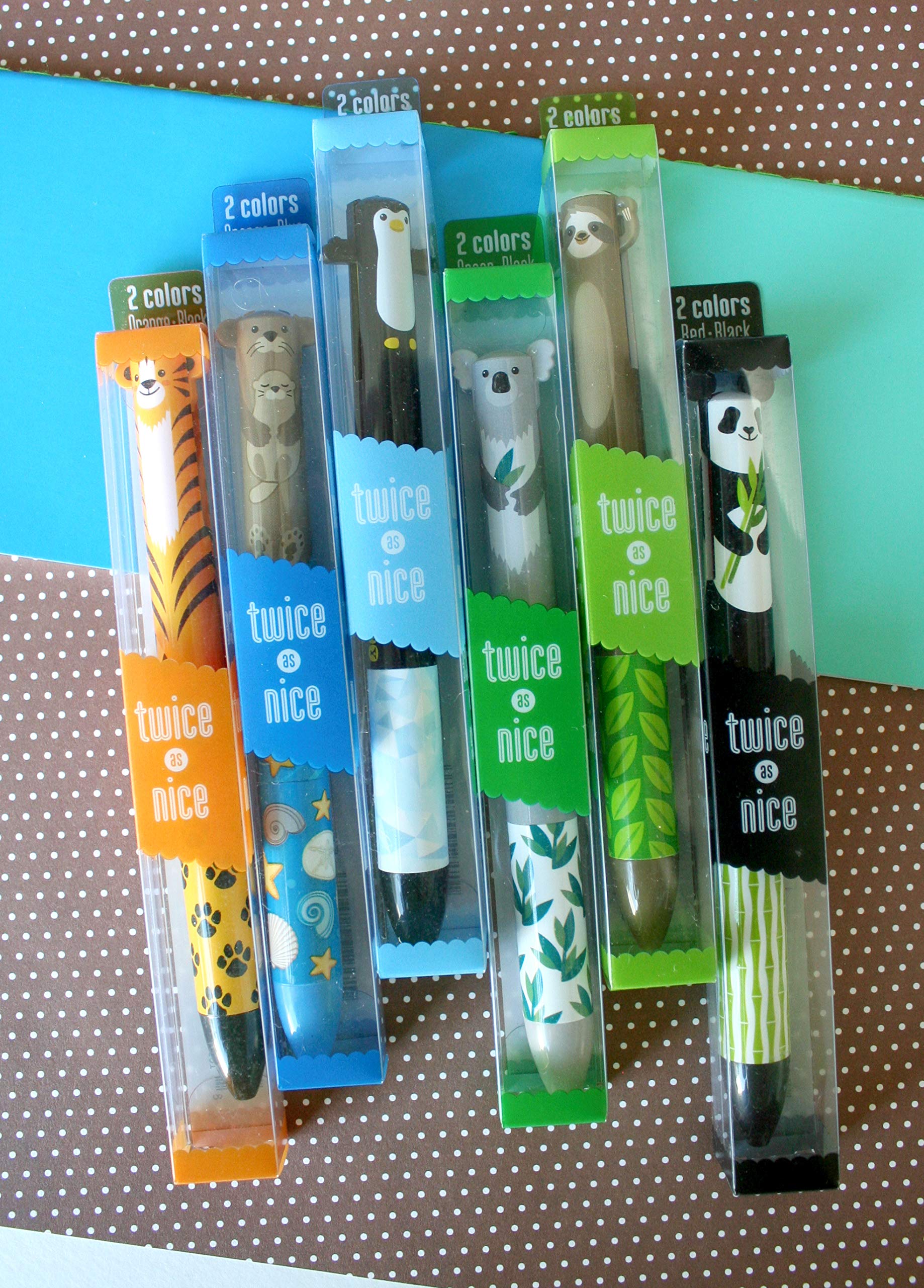 Cute Creatures 2-Color Click Pens - Set of 6 Fun Writing Tools for School, Office & Note Taking - Dual Tip Ballpoint Pens with Adorable Animal Designs