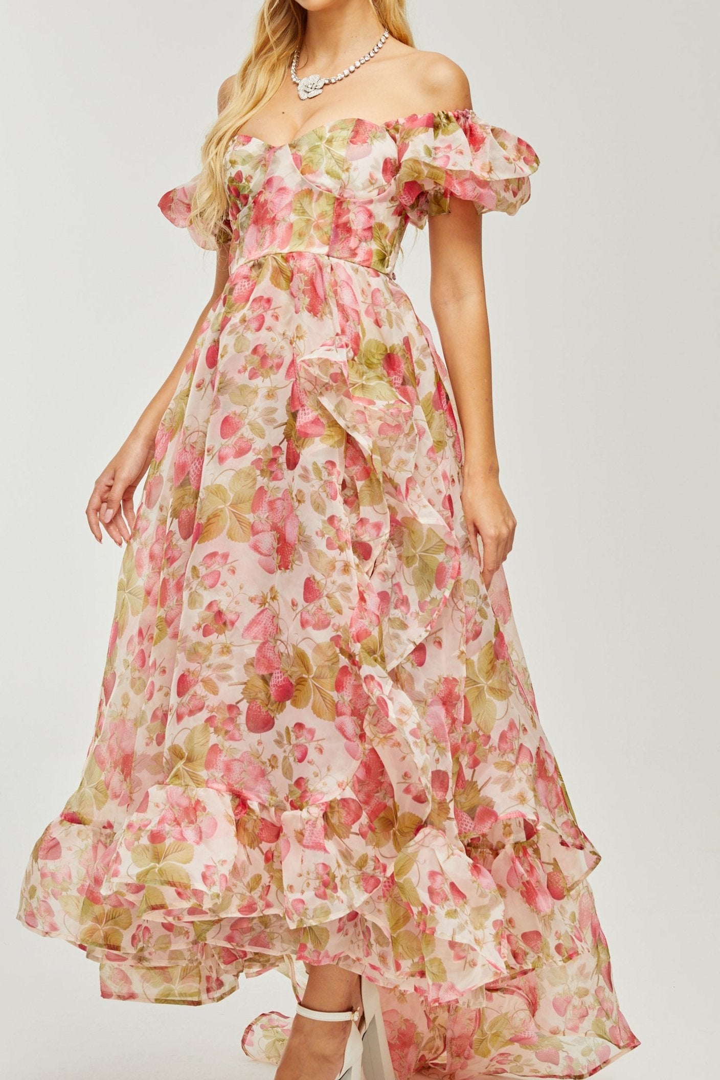 Geneviève Floral Print Ruffled Maxi Dress - Elegant Summer Beach Dress for Women, Perfect for Vacations, Weddings & Outdoor Parties