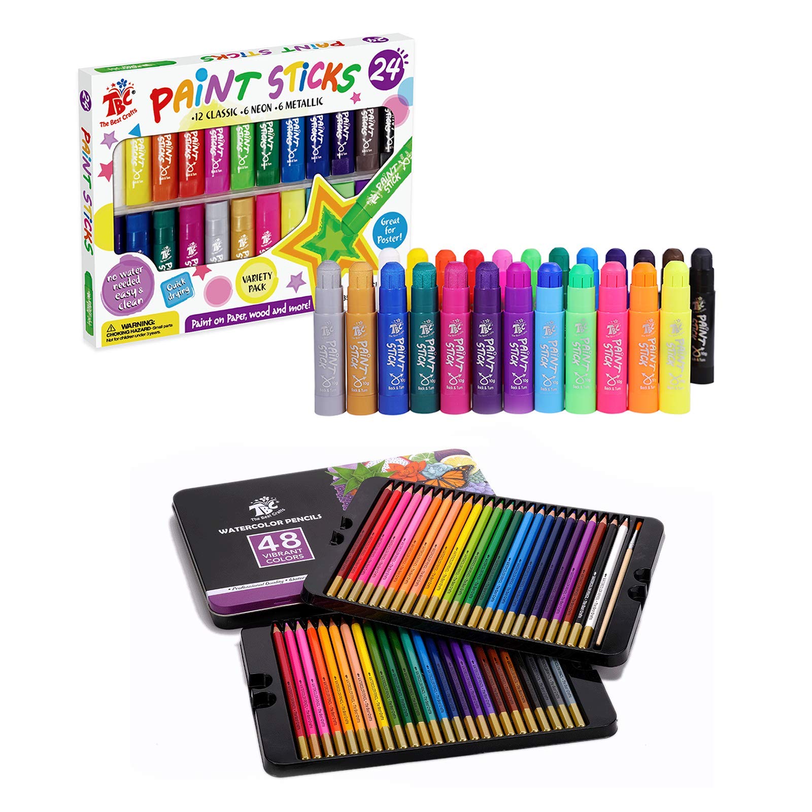 Vibrant Tempera Paint Sticks & Watercolor Pencils Kit - 72 Art Supplies for Kids & Adults - Perfect for School & Home Drawing