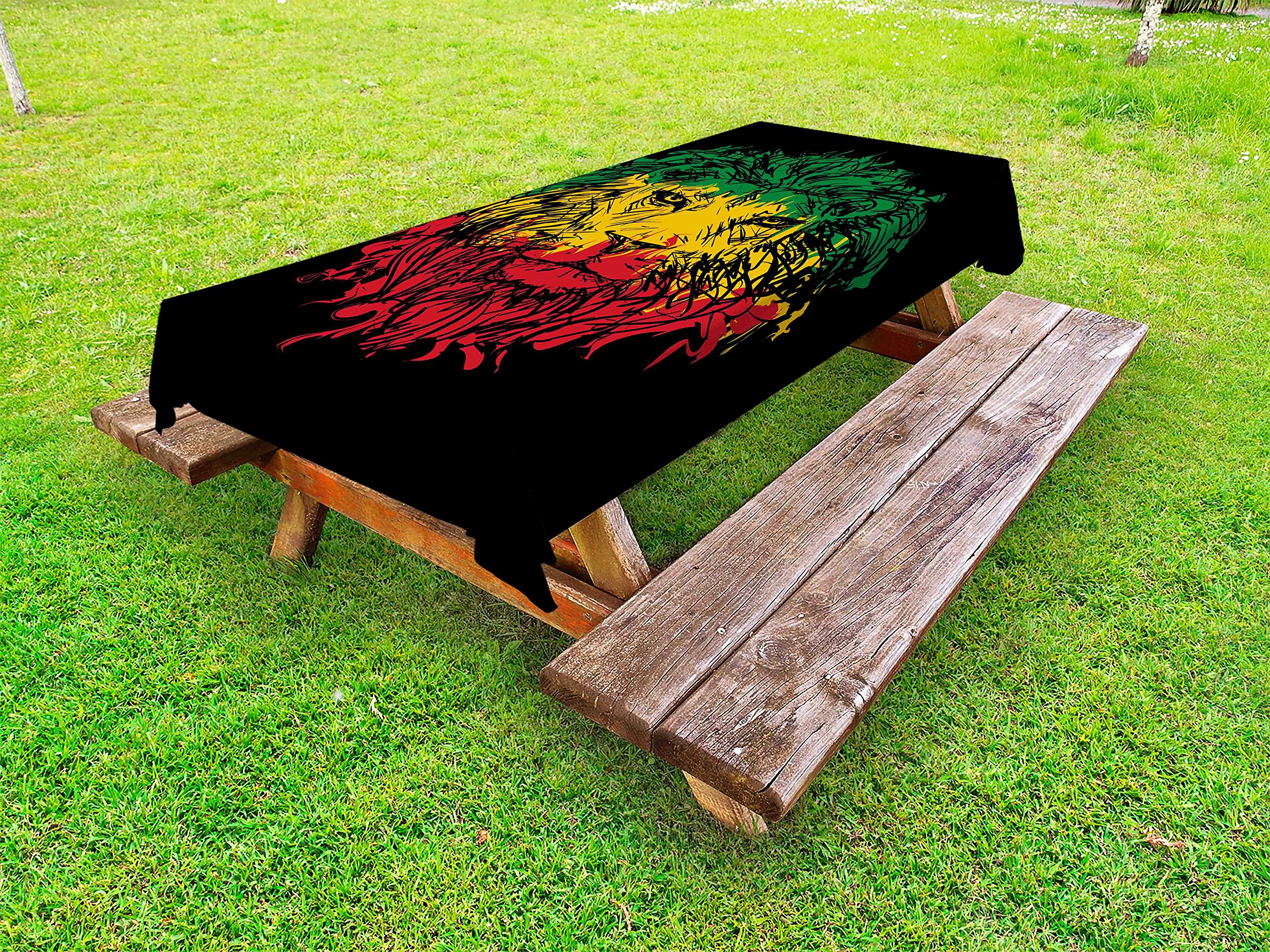 Ambesonne Rasta Outdoor Tablecloth - Waterproof Picnic Table Cover with Ethiopian Flag Colors & Grunge Lion Design, 58