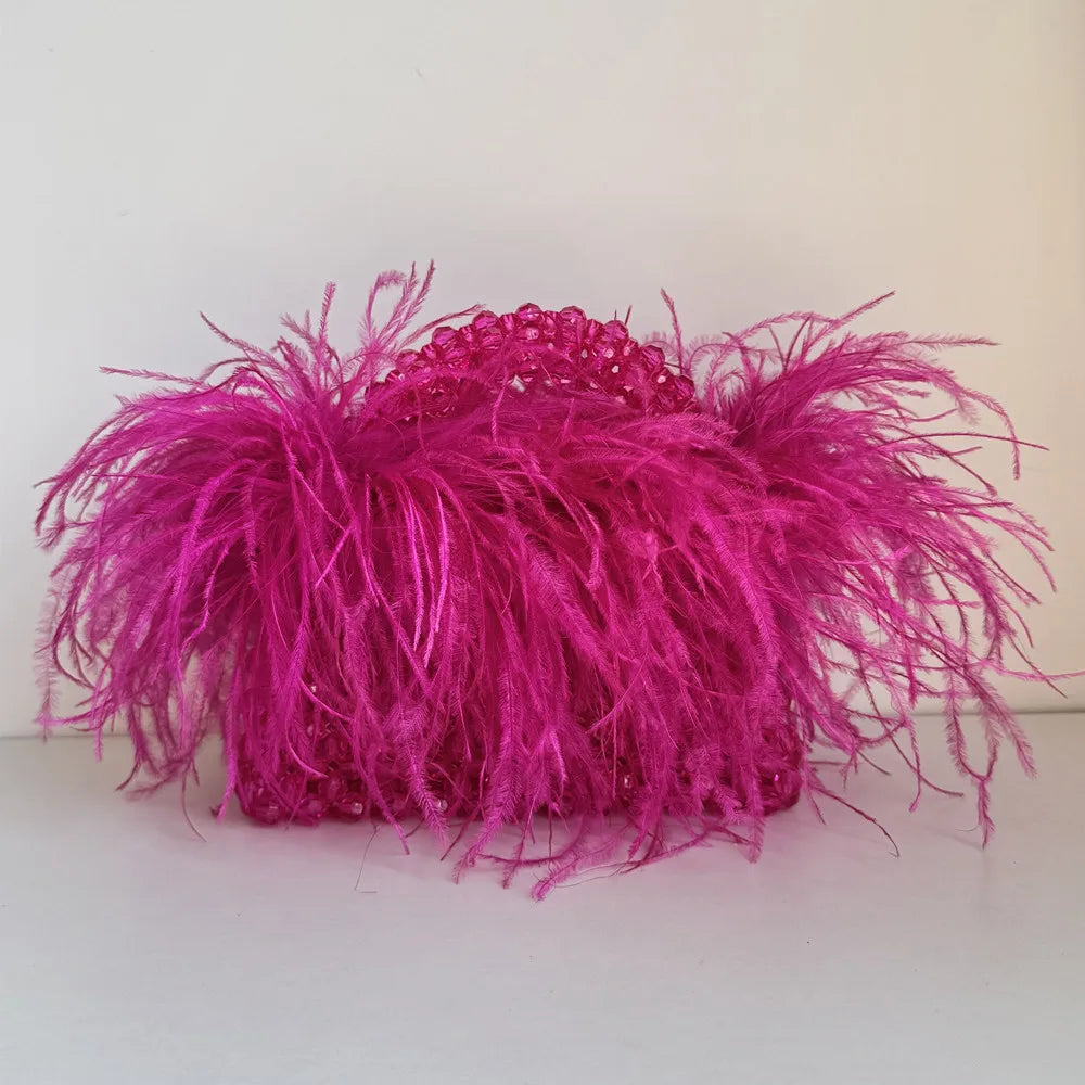 Handmade Designer Pearl Bead Bag with Feather Fur Trim - Elegant Acrylic Crystal Stone Evening Tote Clutch for Women | Perfect for Parties, Weddings & Special Occasions