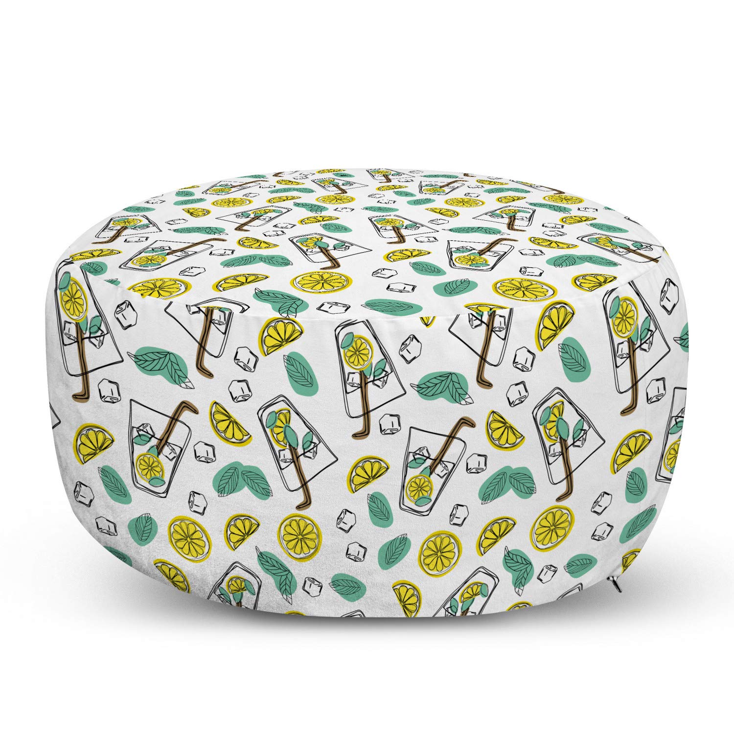 Ambesonne Cartoon Ottoman Pouf - Summer Themed Mojito Glass with Hand Drawn Ice Cubes, Lemon Slices & Leaves - Soft Decorative Foot Rest with Removable Cover for Living Room, Bedroom & Dorm - Perfect for Relaxing, Lounging & Home Decor