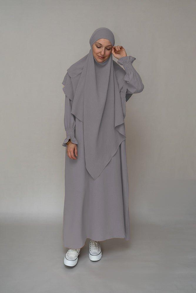 Light Gray Wrinkle-Free Prayer Gown Abaya Dress for Women - Modest Islamic Prayer Outfit for Home & Mosque Worship