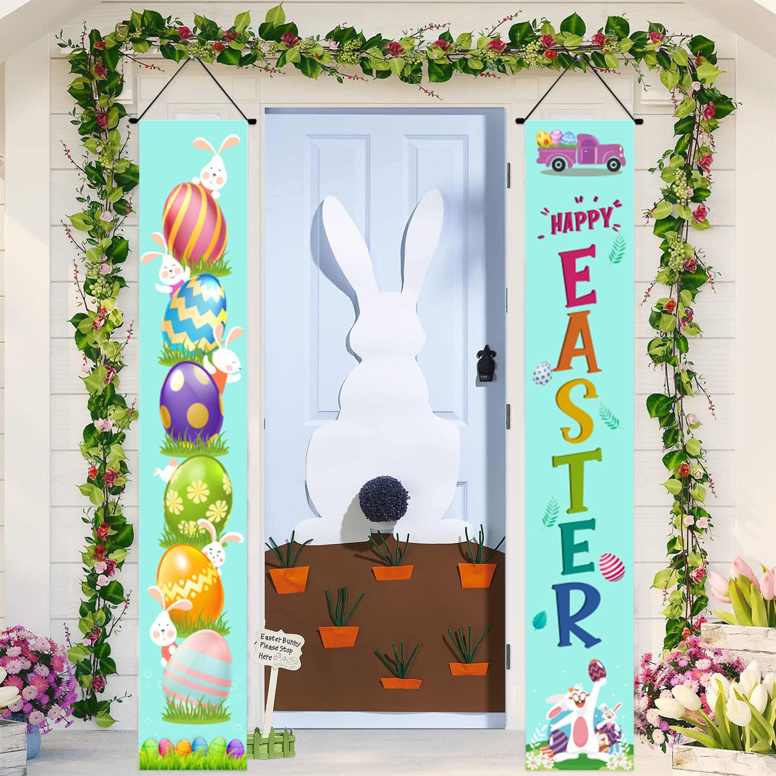 Set of 2 Easter Welcome Hanging Door Decor - Spring Porch Sign Banner for Indoor/Outdoor Party Decorations - Happy Easter Wall Hanging Flag Banners - Perfect for Front Door, Garden, and Easter Celebrations