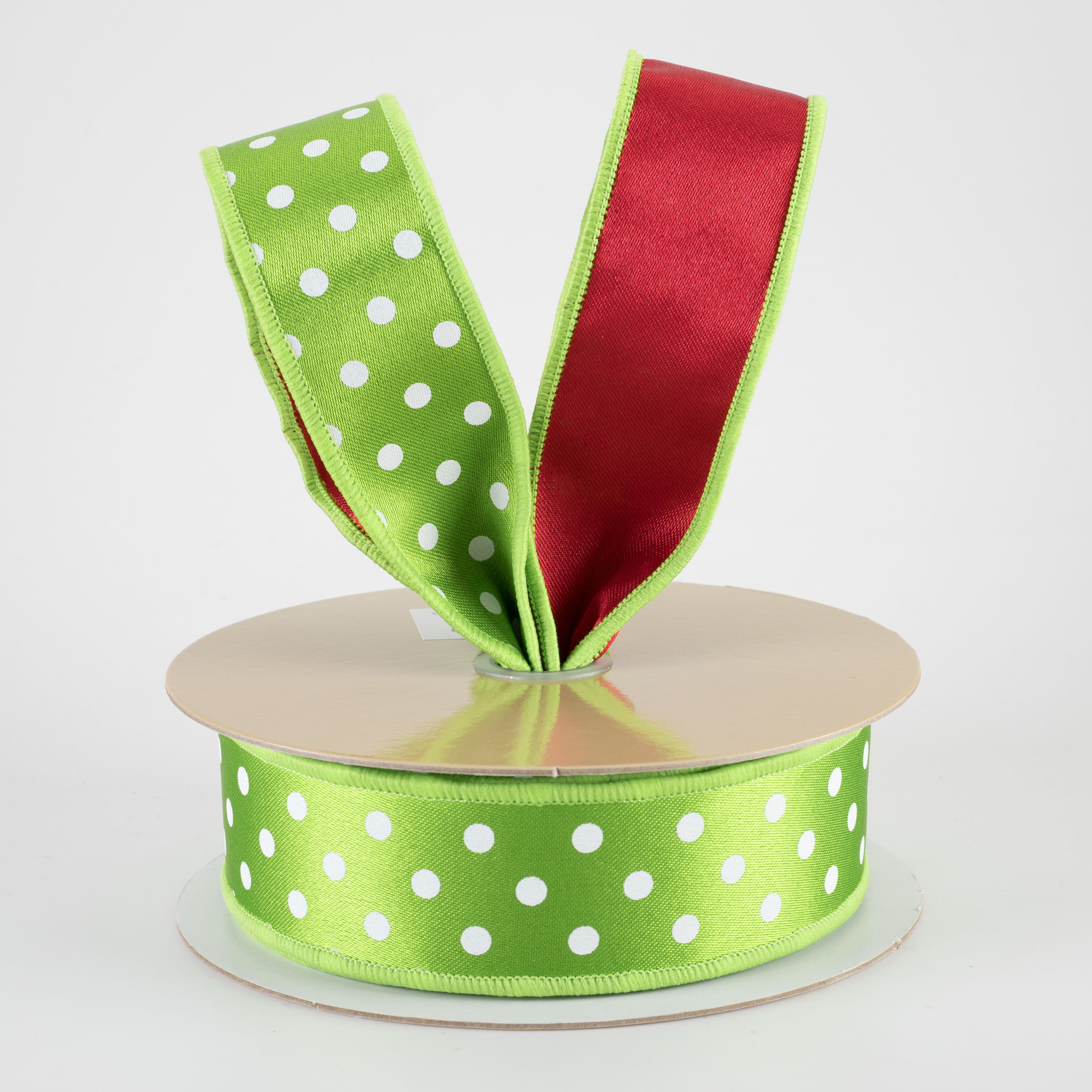1.5 Inch Double Sided Fused Small Polky Dot Ribbon - Green, White & Red (10 Yards) for Gift Wrapping, Crafts, DIY Projects & Holiday Decorations