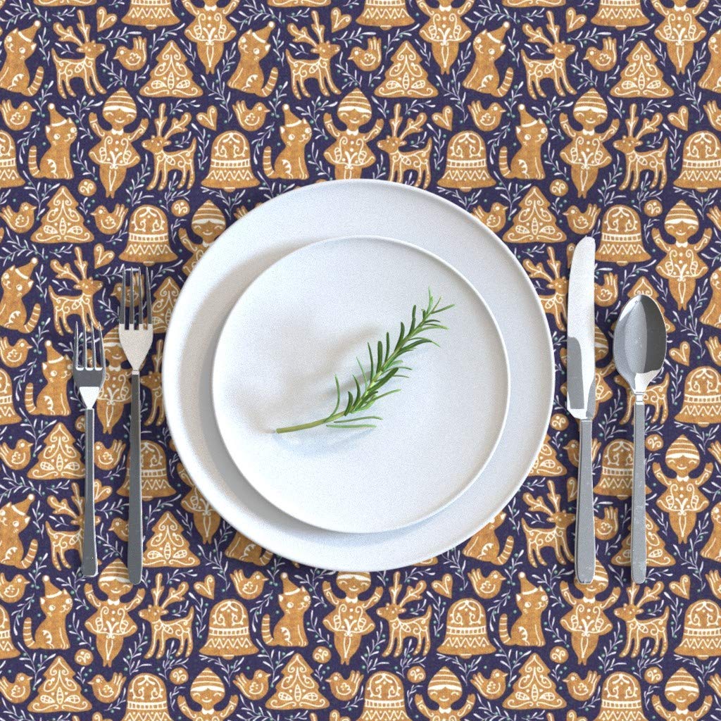 Custom Printed Cotton Sateen Tablecloth 70x108 Inches - Gingerbread Blue Christmas Cookies Cat Holiday Baking Design | Perfect for Christmas Dinner, Holiday Parties & Festive Home Decor