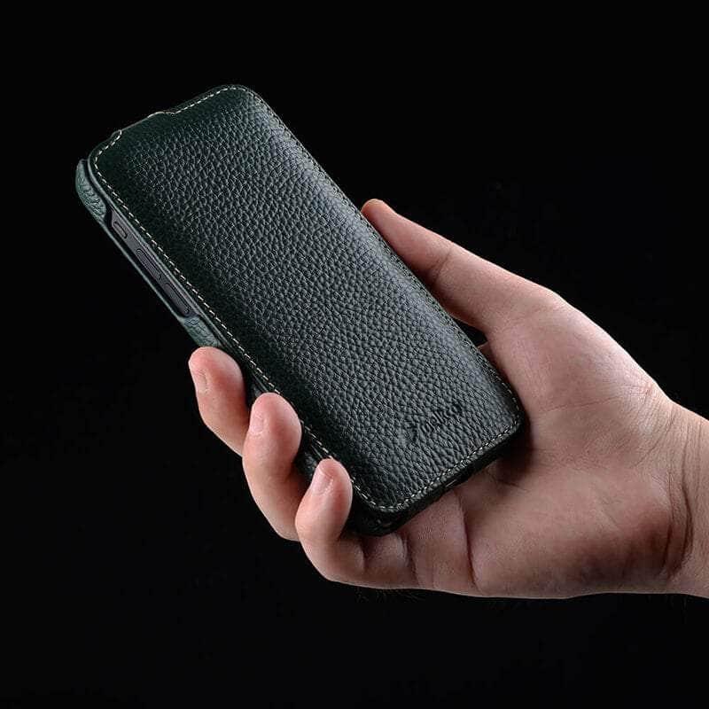 Genuine Leather Vertical Open Wallet Case for iPhone 13 Pro - Slim Business Card Holder & RFID Protection - Perfect for Office, Travel and Daily Use