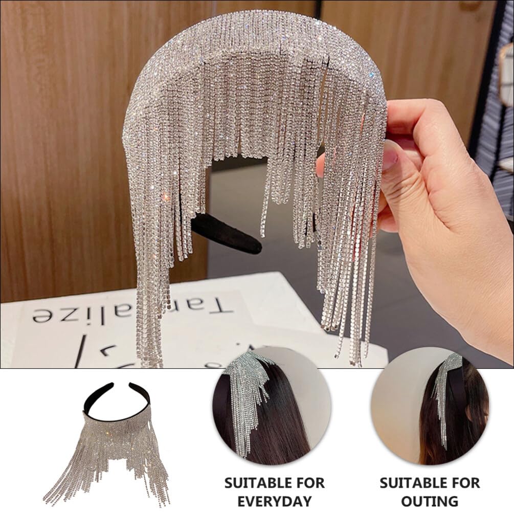 Lurrose Women's Rhinestone Tassel Headband - Sparkly Crystal Beaded Hair Accessories for Wedding, Party & Special Occasions - Silver Fashion Headwear for Women and Girls
