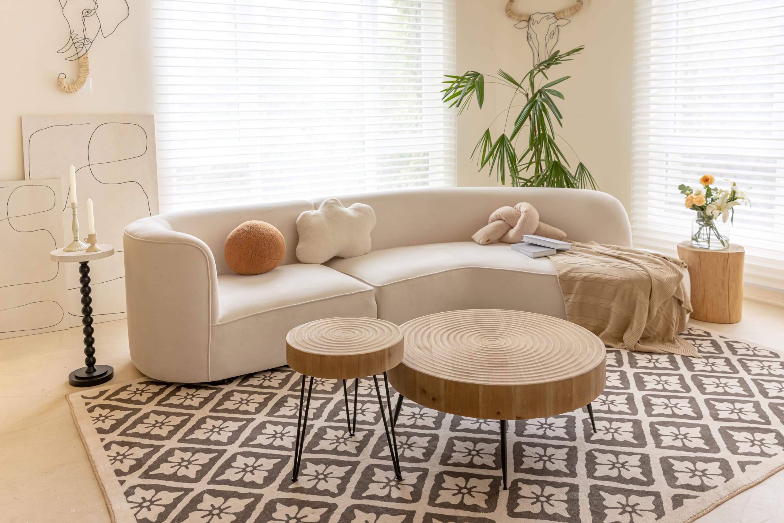 2-Piece Modern Farmhouse Nesting Coffee Table Set - Round Natural Wood Finish with Handcrafted Ring Motif for Living Room, Bedroom & Office Decor