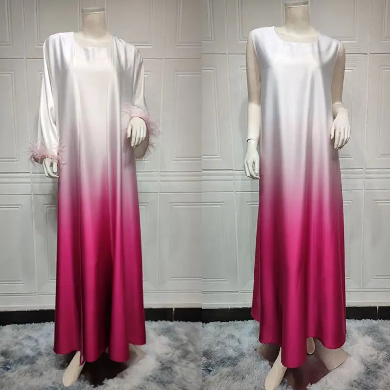 2 Piece Set Color Gradient Satin Open Abaya Dress with Inner Sleeveless Dress - Elegant Muslim Women's Prayer Dress for Eid, Ramadan & Special Occasions