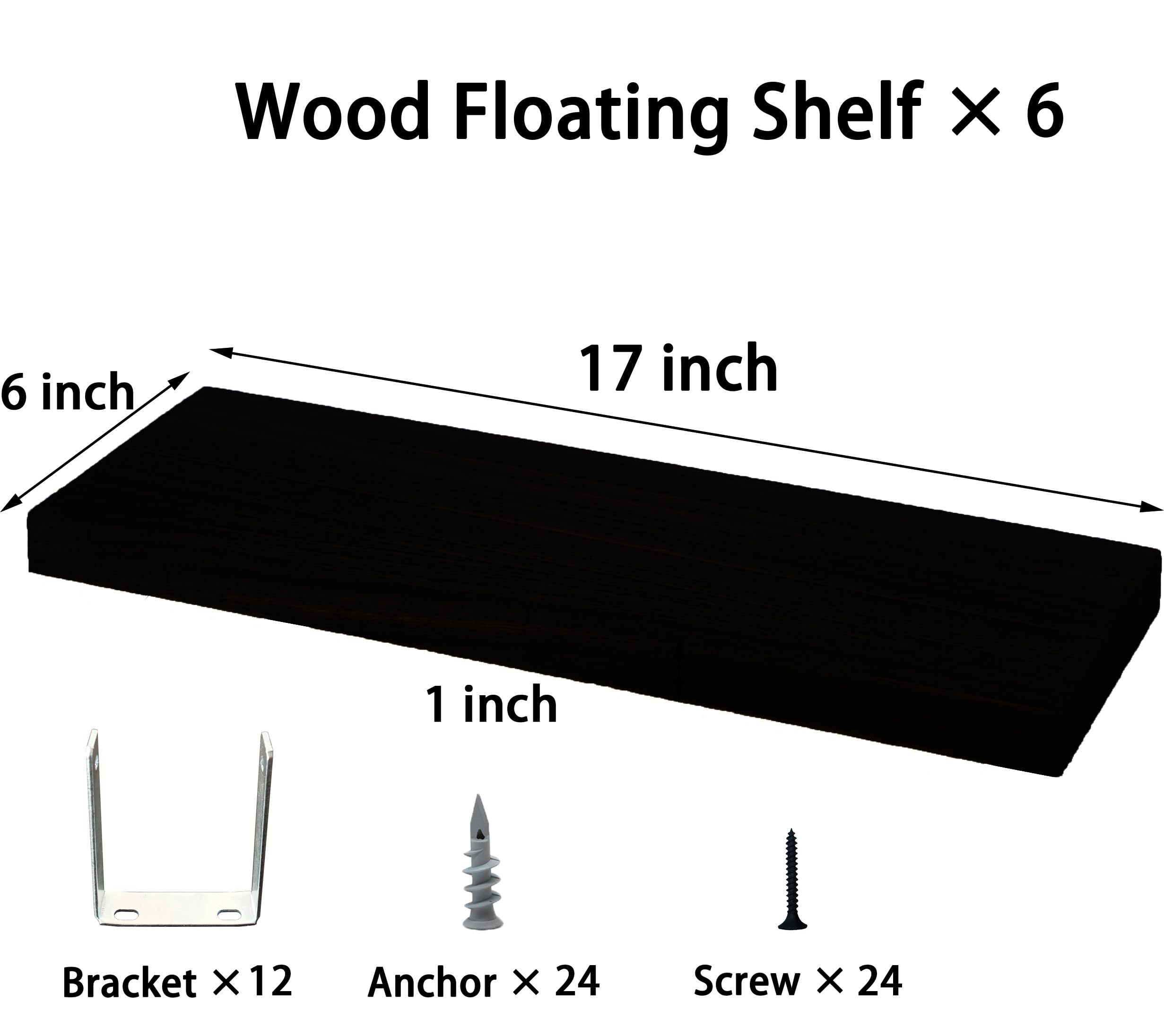 Black Wood Floating Shelves Set of 6 - Modern Wall Mounted Shelves for Bedroom, Living Room, Kitchen & Office - Rustic Wooden Wall Shelves for Home Decor & Storage