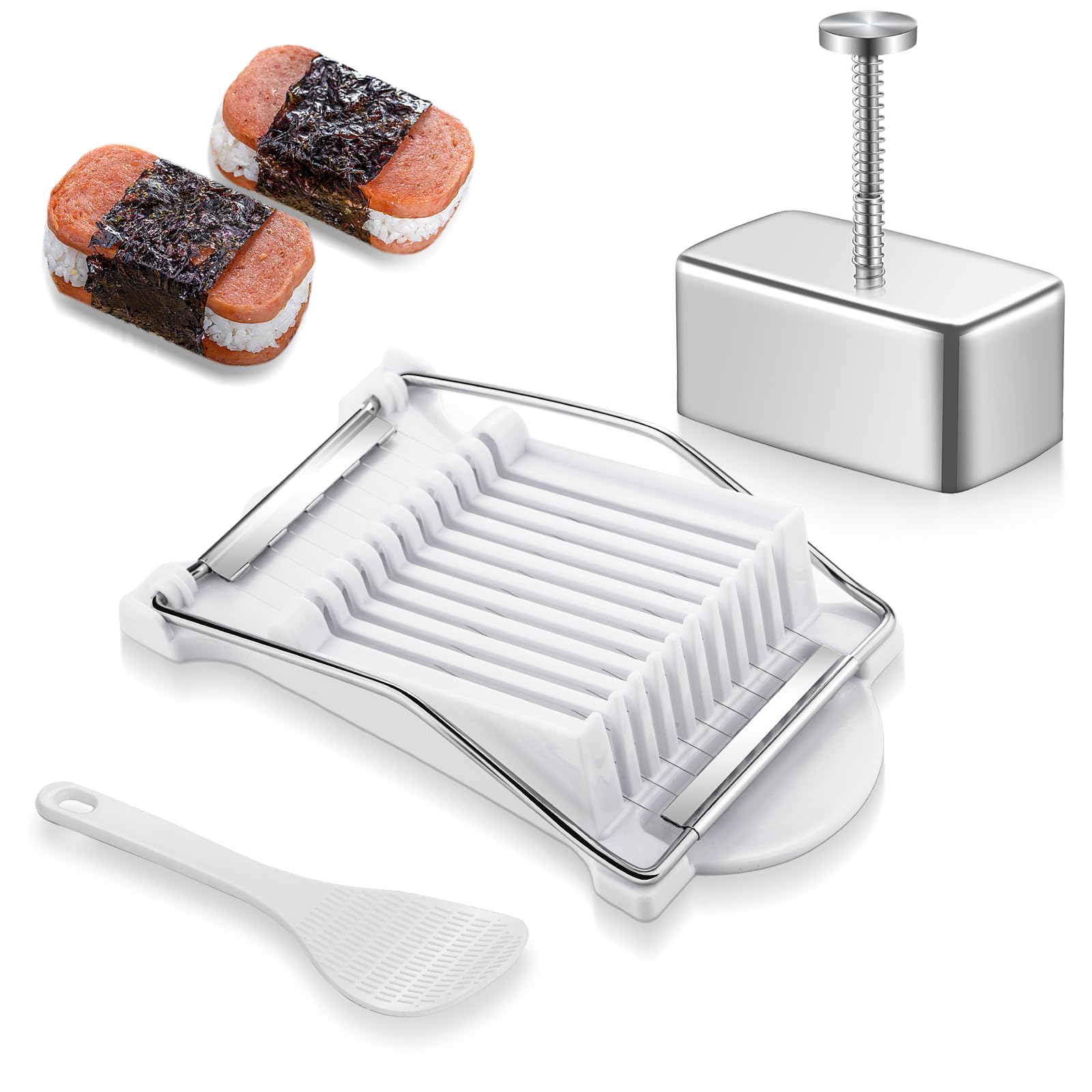 Premium Spam Musubi Mold Kit - Stainless Steel Onigiri Maker with Spam Slicer - Perfect for Hawaiian Sushi, Bento Box & Party Snacks - Great for Home Cooking, Picnics & Asian Cuisine Lovers