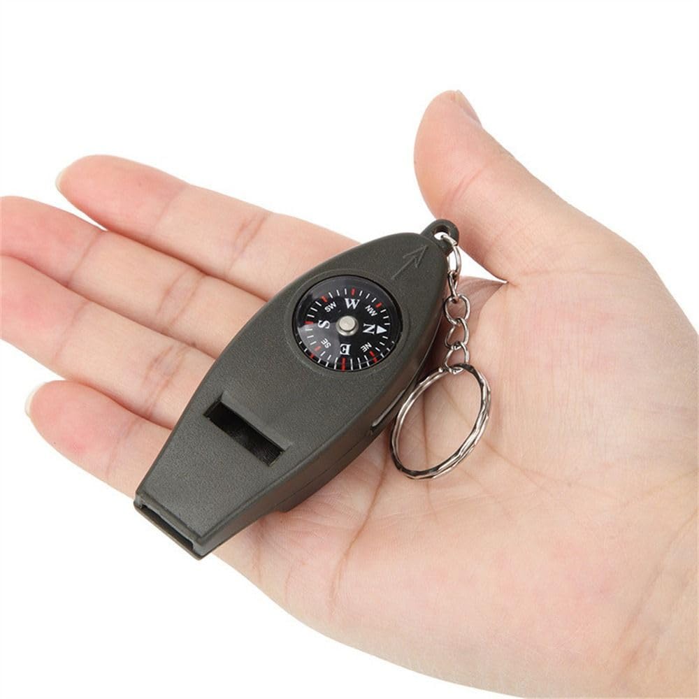 1Pcs Multifunction Emergency Survival Whistle Keychain with Compass, Thermometer & Magnifier - 4-in-1 Outdoor Safety Tool for Hiking, Camping, Hunting & Emergency Preparedness (Army Green)