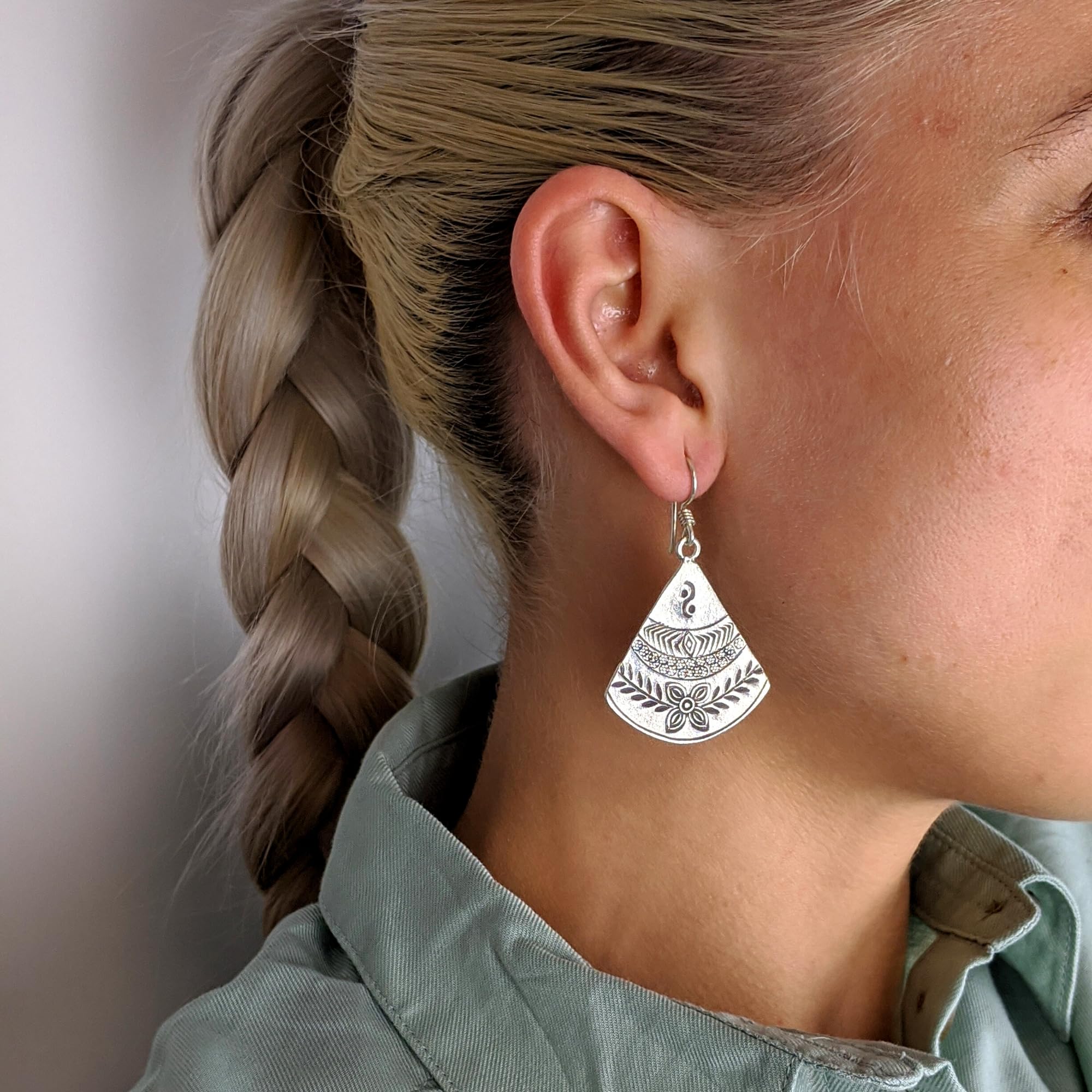 Women's 999 Fine Silver Karen Hill Tribe Fan Triangle Tribal Leaf Engraved Earrings - Handmade Sterling Silver Jewelry for Women - Perfect for Boho Fashion, Ethnic Style & Special Occasions