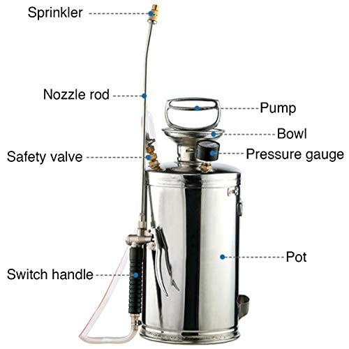 1.5 Gallon Stainless Steel Pump Up Sprayer with Reinforced Hose - Hand Held Garden Sprayer with Pressure Gauge, Safety Valve & Adjustable Nozzle - Ideal for Lawn Care, Weed Control, Fertilizer Application & Outdoor Cleaning (1.5 Gal)