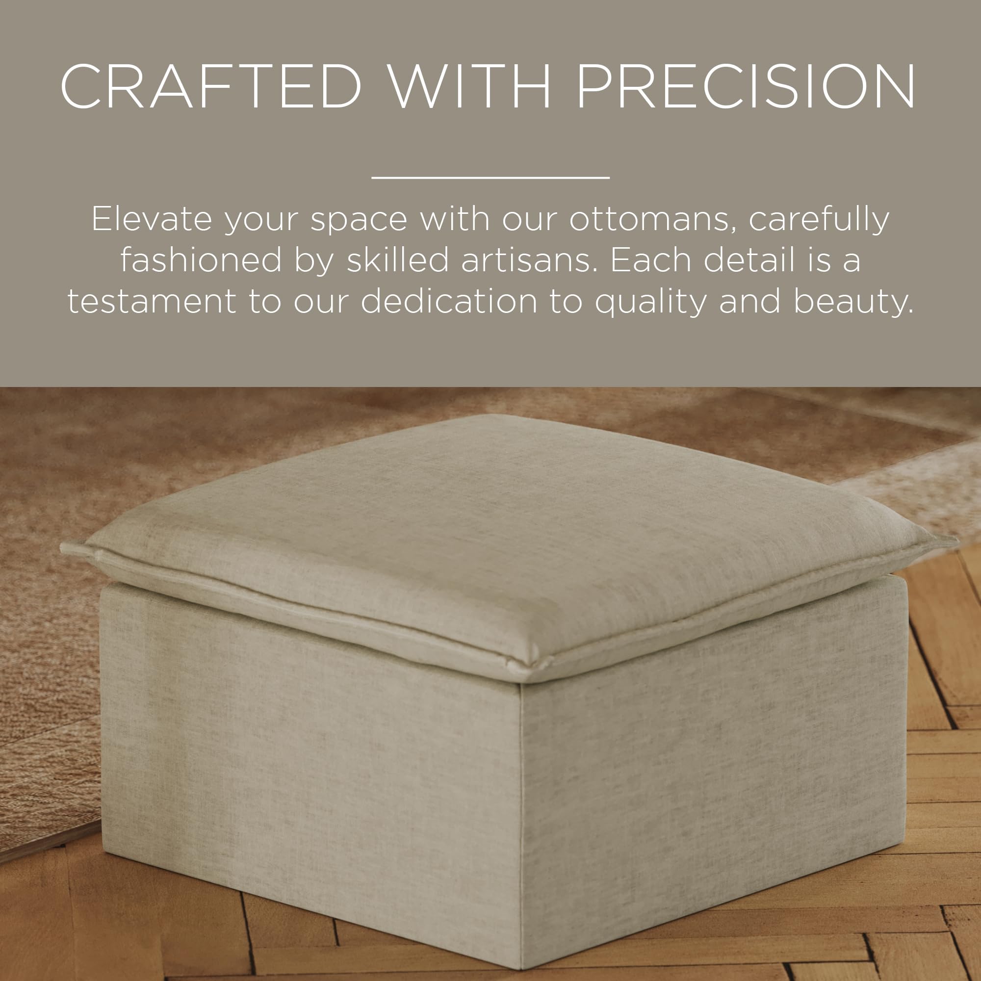 Maven Lane Claude Large Square Rustic Upholstered Ottoman with Cushion - Soft Dove Fabric Footrest for Living Room, Bedroom, Dorm - Perfect for Relaxing, Extra Seating & Home Decor