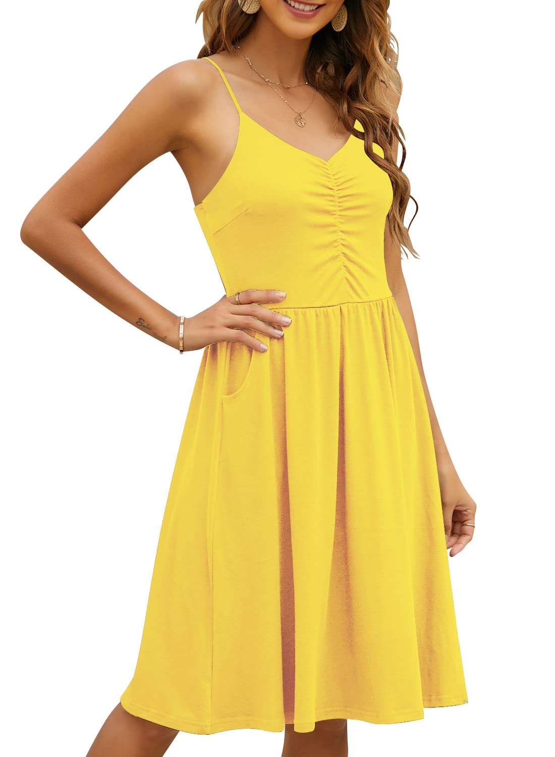 YATHON Women's Sleeveless Cotton A-Line Sundress with Pockets | Casual Spaghetti Strap Summer Beach Dress | Perfect for Vacation, Pool Party & Outdoor Activities