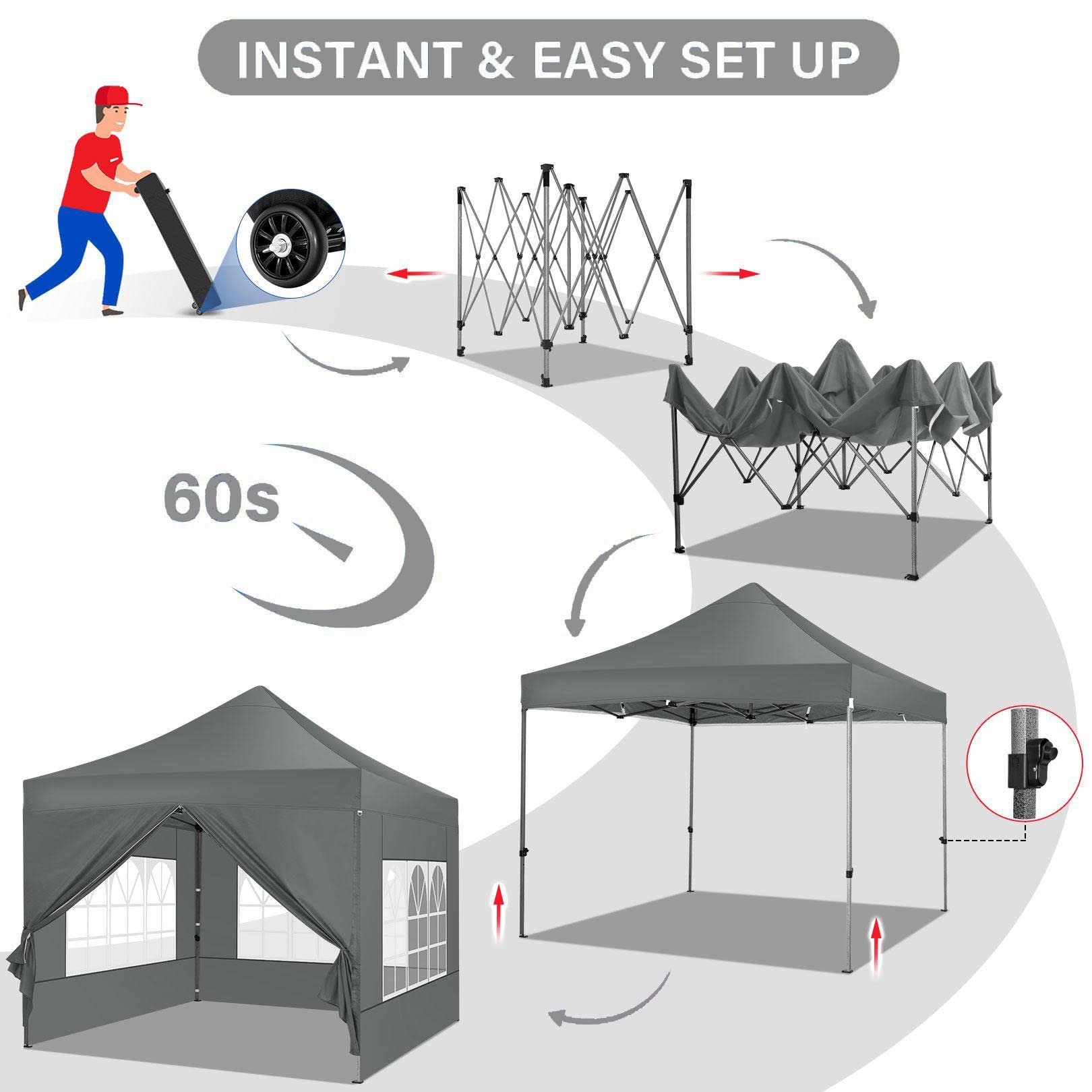 COBIZI 10x10 Pop Up Canopy Tent - Heavy Duty Waterproof Commercial Canopy with 4 Sidewalls & Wheeled Carry Bag - Gray 10x10ft Outdoor Shelter for Parties, Events, Camping, Beach & Backyard Gatherings