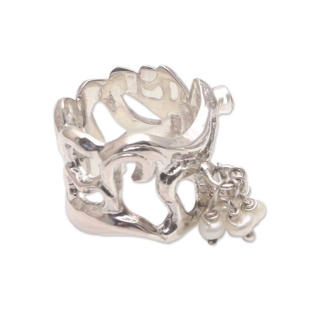 Handmade .925 Sterling Silver Cocktail Ring with Cultured Freshwater Pearl & Peridot Gemstone - Bird Charm Cluster Jewelry, Indonesian Artisan Crafted, Birthstone Gift for Women | Perfect for Parties, Weddings & Special Occasions