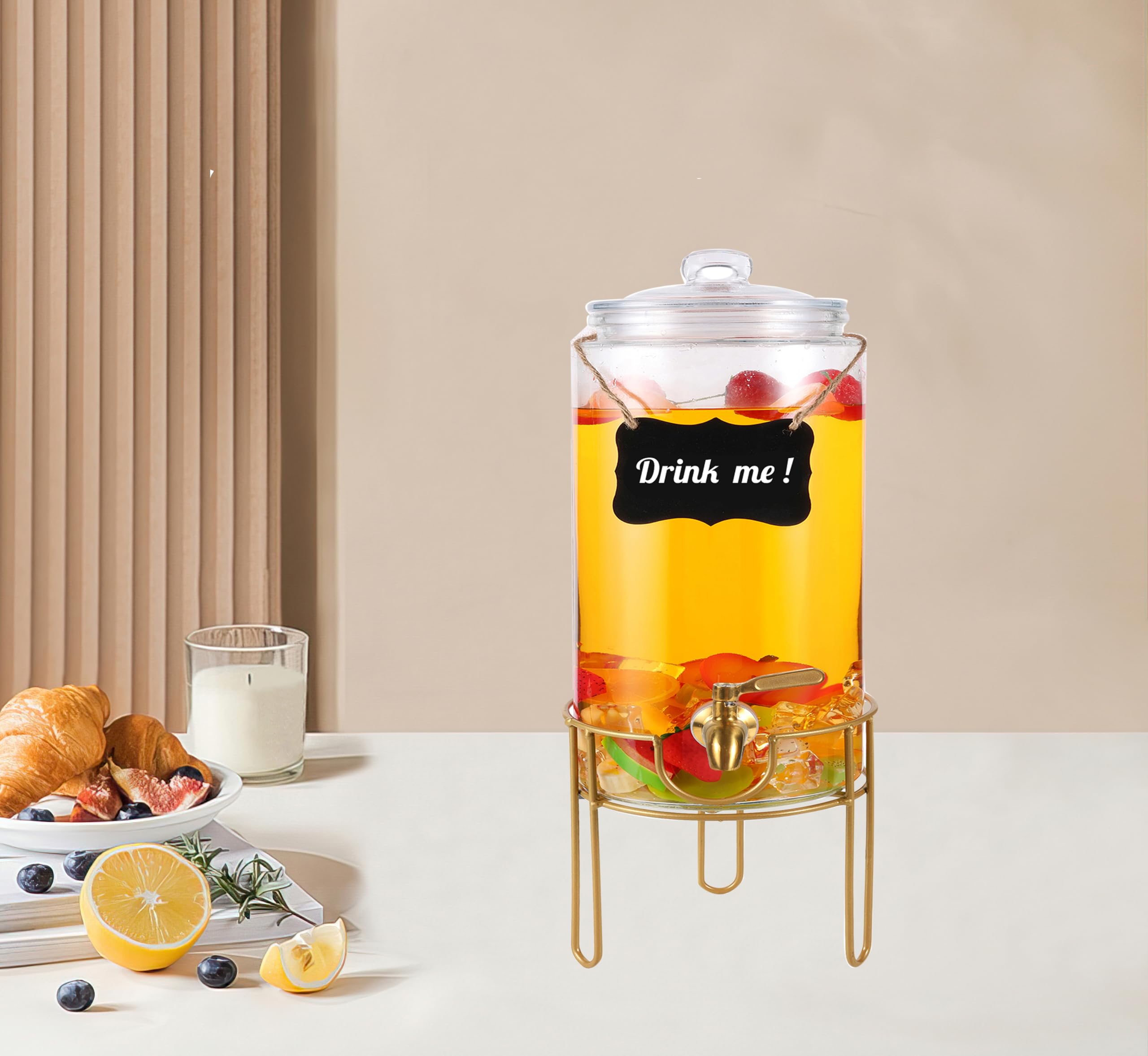 1 Gallon Glass Beverage Dispenser with Stand & Stainless Steel Spigot - Chalkboard Marker Included - Perfect for Lemonade, Juice, Tea & Party Drinks - Ideal for Weddings, BBQs, Picnics & Outdoor Events