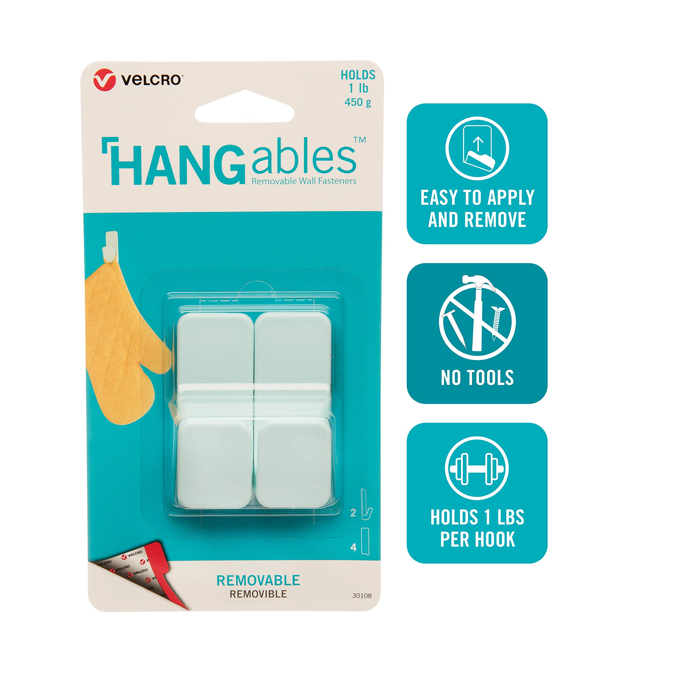 VELCRO Brand HANGables Removable Wall Hooks - Damage-Free Adhesive Hooks for Lightweight Decor (1 lb Capacity) | Non-Permanent Wall Fasteners for Photos, Keys & Small Items | Aqua Blue, 2-Pack (VEL-30108-USA) | Perfect for Dorms, Rentals & Temporary Storage
