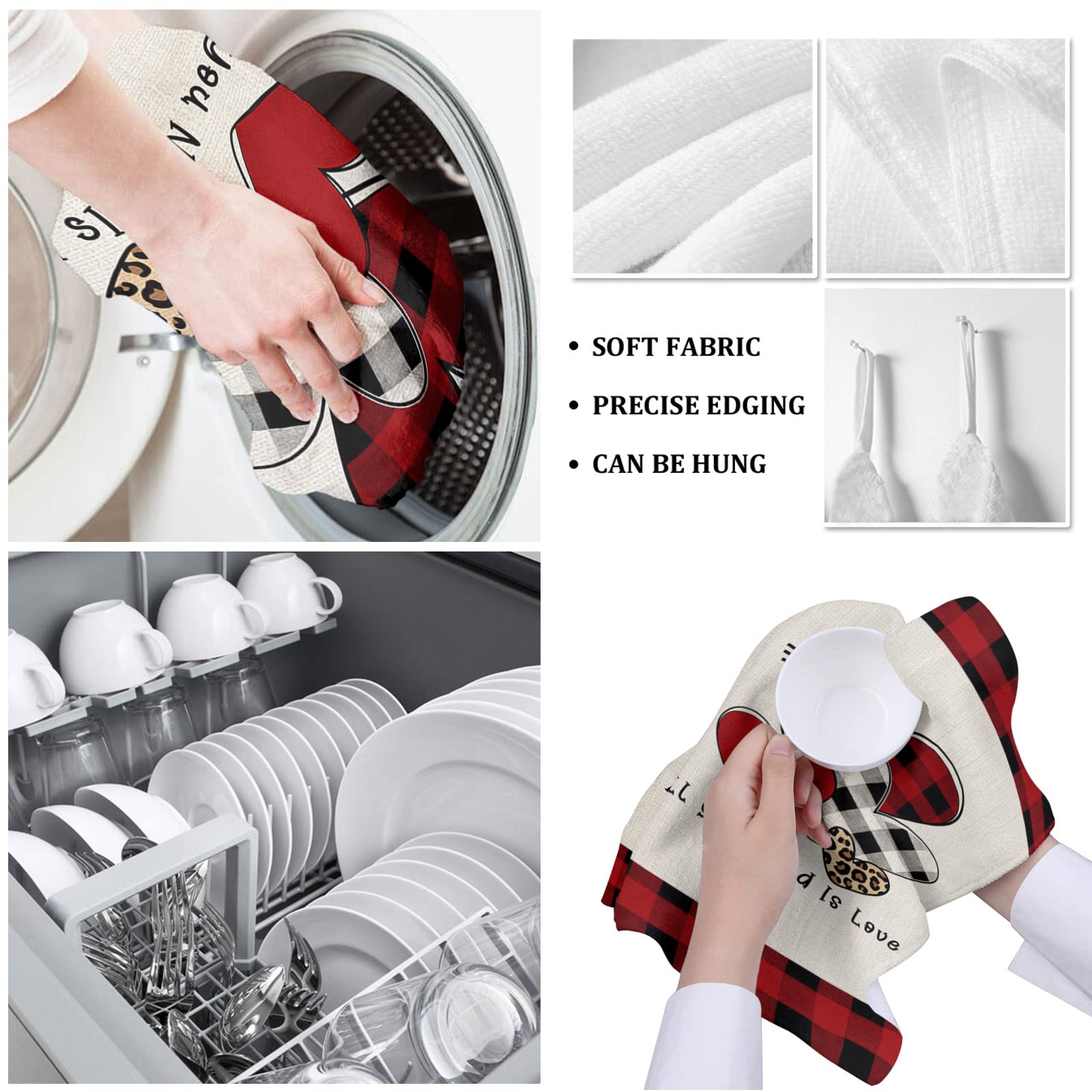 Premium Microfiber Kitchen Towels Set of 2 - Super Absorbent & Reusable Dish Towels (18x28 Inch) - Valentine's Day Heart Pattern & Buffalo Plaid Design for Cooking, Cleaning & Bar Use - Ideal for Dish Drying, Counter Wiping & Glass Polishing