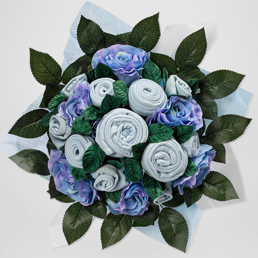 Luxury Rose Baby Clothes Bouquet & Personalized Baby Blanket - Blue | Newborn Gift Set for Baby Shower, Christening & Photography Props