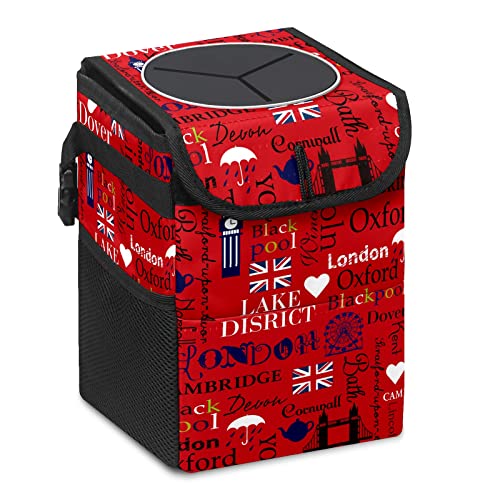 Foldable Leak-Proof Car Trash Can with Lid & Storage Pocket - Hanging Auto Garbage Organizer for Boot/Cabin - Union Jack Red Design | Perfect for Road Trips, Commuting & Family Travel