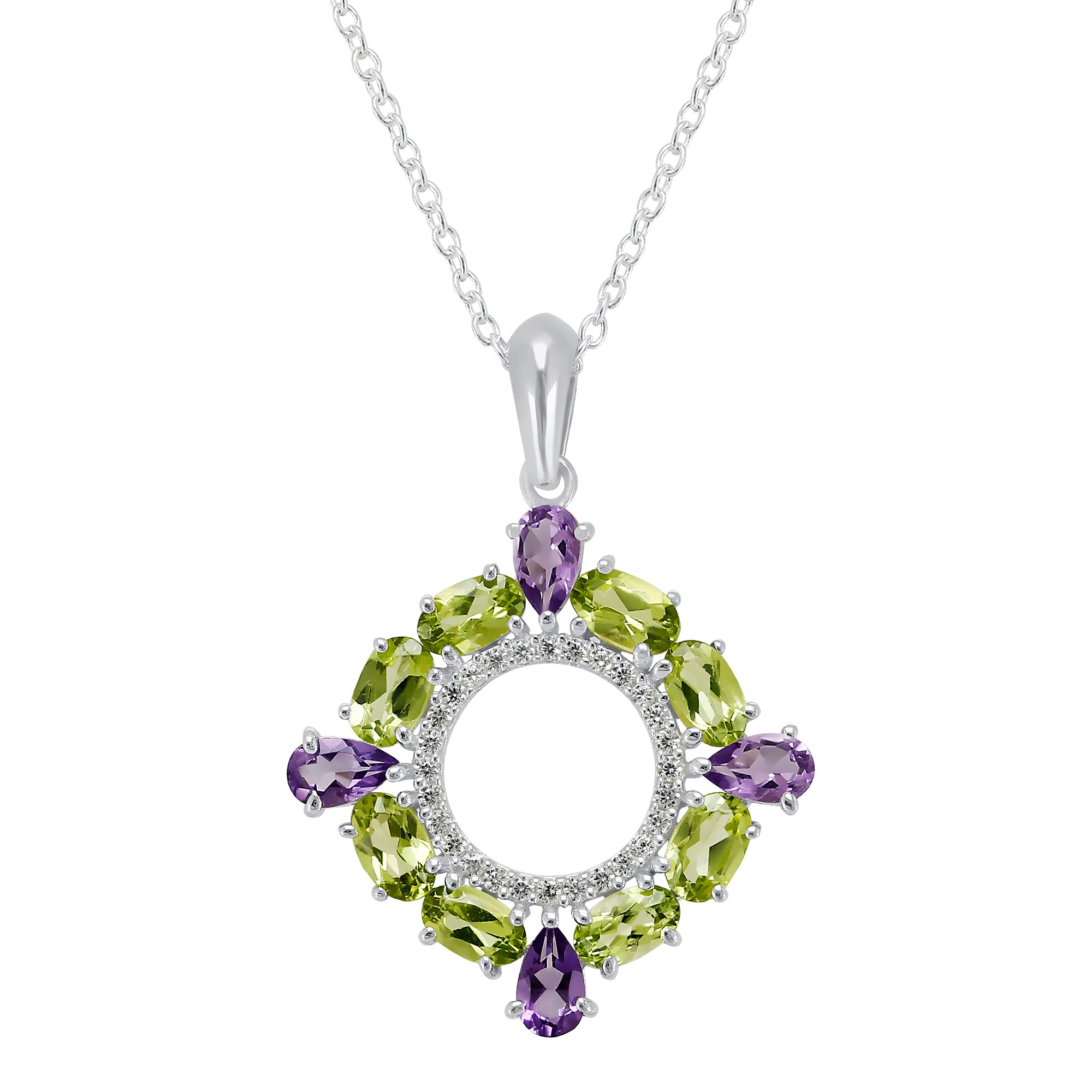 TISHAVI Sterling Silver Gemstone Pendant Necklace for Women - 18 Inch Oval Cluster Pendant with Natural Stone | Elegant Jewelry Gift for Birthday, Anniversary & Everyday Wear