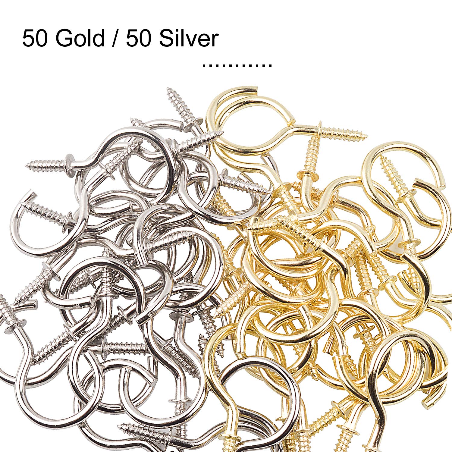 Aylifu 100-Pack Small Screw-in Ceiling Hooks, 37mm (1.45in) Metal Cup Hooks for Wall & Ceiling - Silver & Gold Mug Hangers for Coffee Cups, Tea Mugs, Plants, Lights - Perfect for Kitchen, Bathroom, Garage Organization
