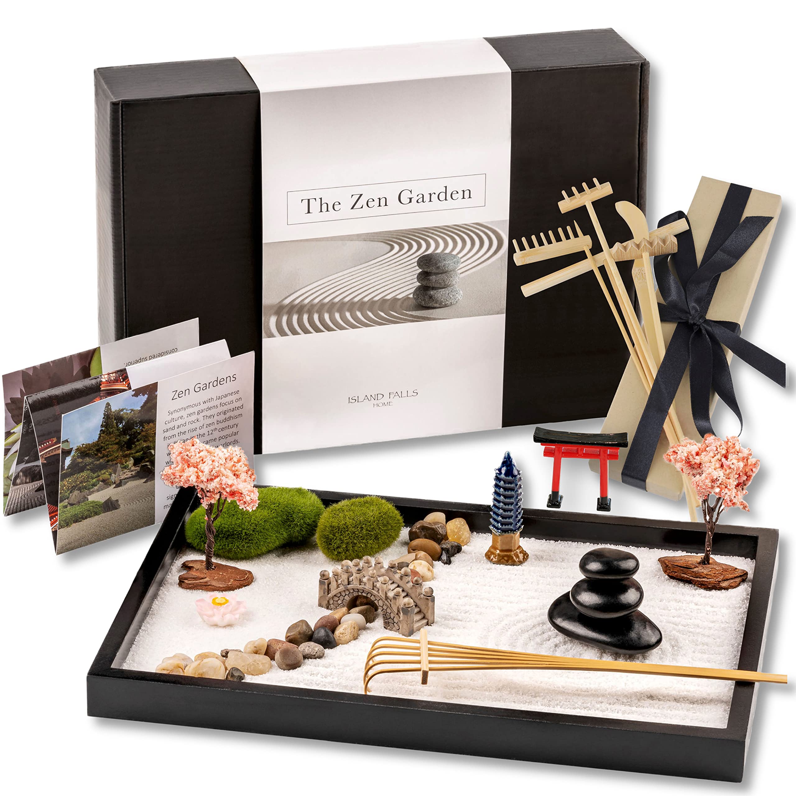 Zen Garden Kit 11x8in - Japanese Mini Rock Sand Garden with 6 Tools & 15 Accessories - Desktop Meditation Decor for Home & Office - Stress Relief Gift Set for Adults - Perfect for Mindfulness Practice, Office Decor, and Therapy Rooms