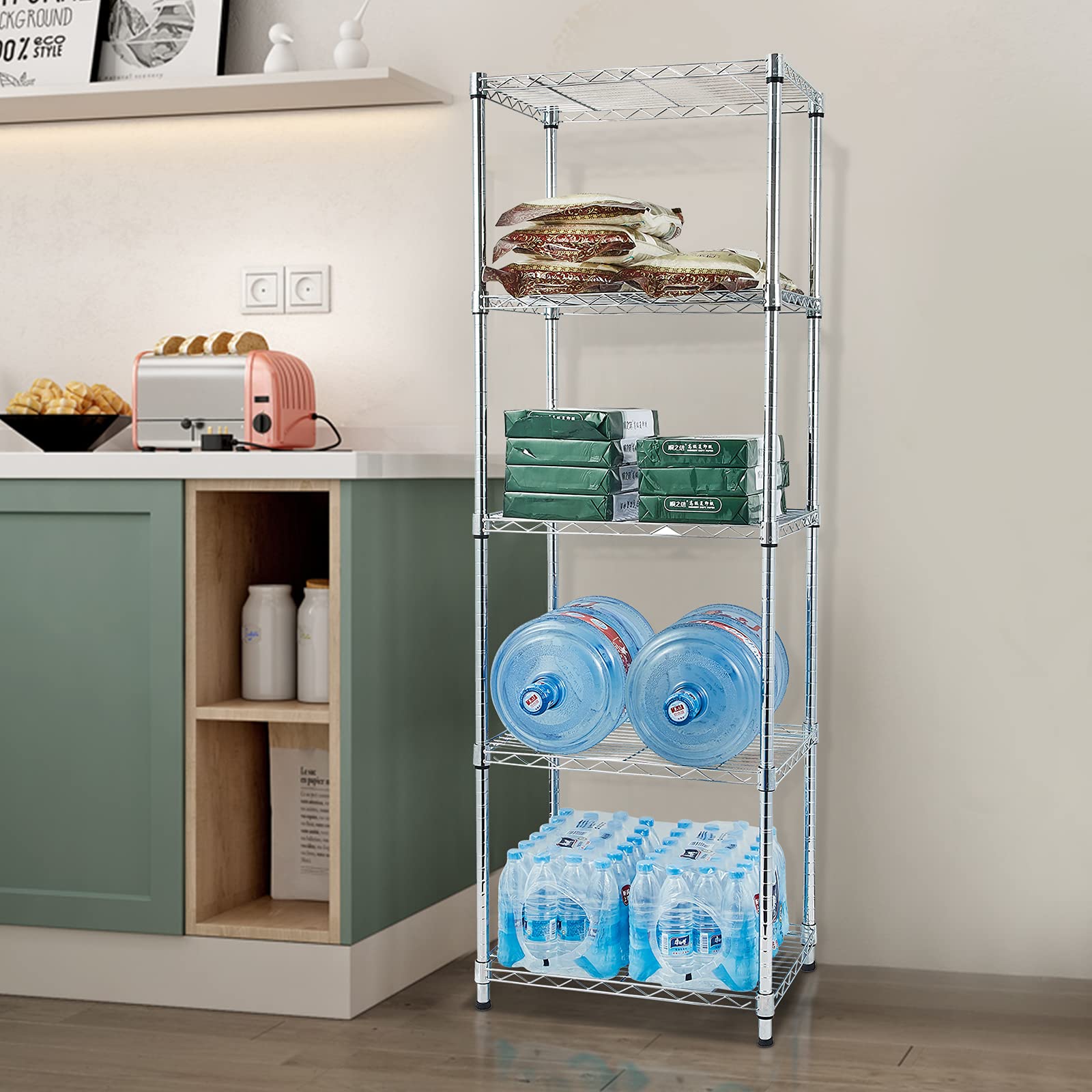 5-Tier Adjustable Metal Storage Shelf - Heavy Duty Wire Shelving Unit for Pantry, Closet, Kitchen, Laundry & Bathroom Organization (Silver) - Perfect for Home Storage & Commercial Use