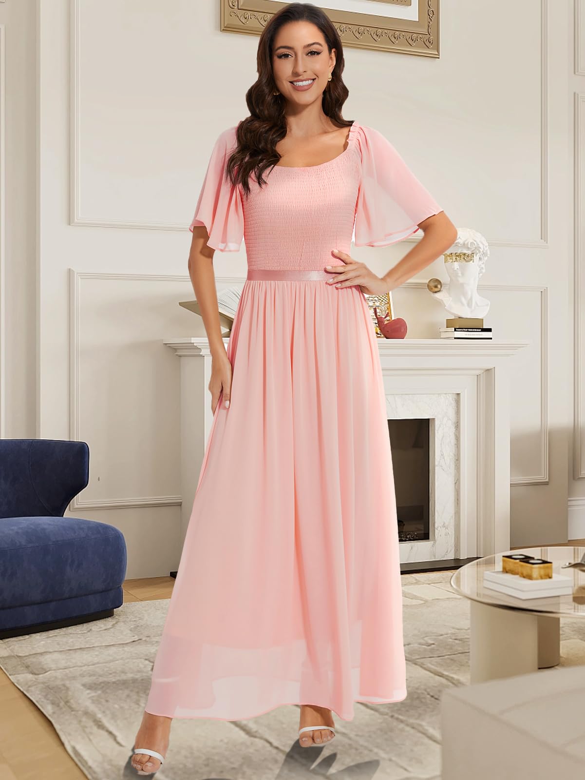 Elegant Women's Short Sleeve Chiffon Maxi Dress for Wedding Guest, Cocktail Party & Summer Occasions - Flowy Smocked Midi Dress for Beach, Vacation & Special Events